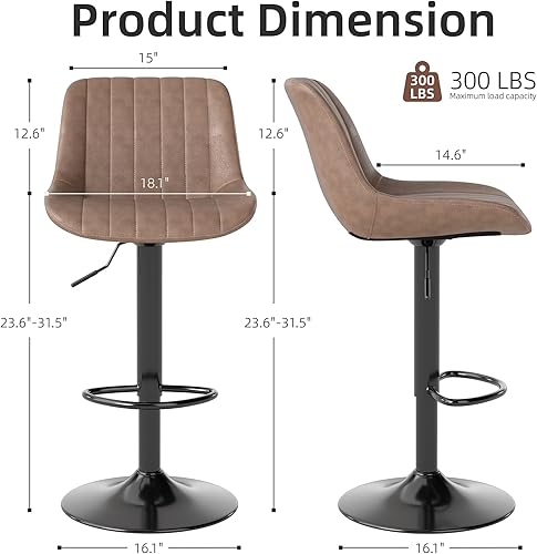 Miniatura 2 de Youhauchair Juego de 2 taburetes de bar, taburetes giratorios de altura de mostrador con respaldo, sillas de bar ajustables de cuero de PU, taburete