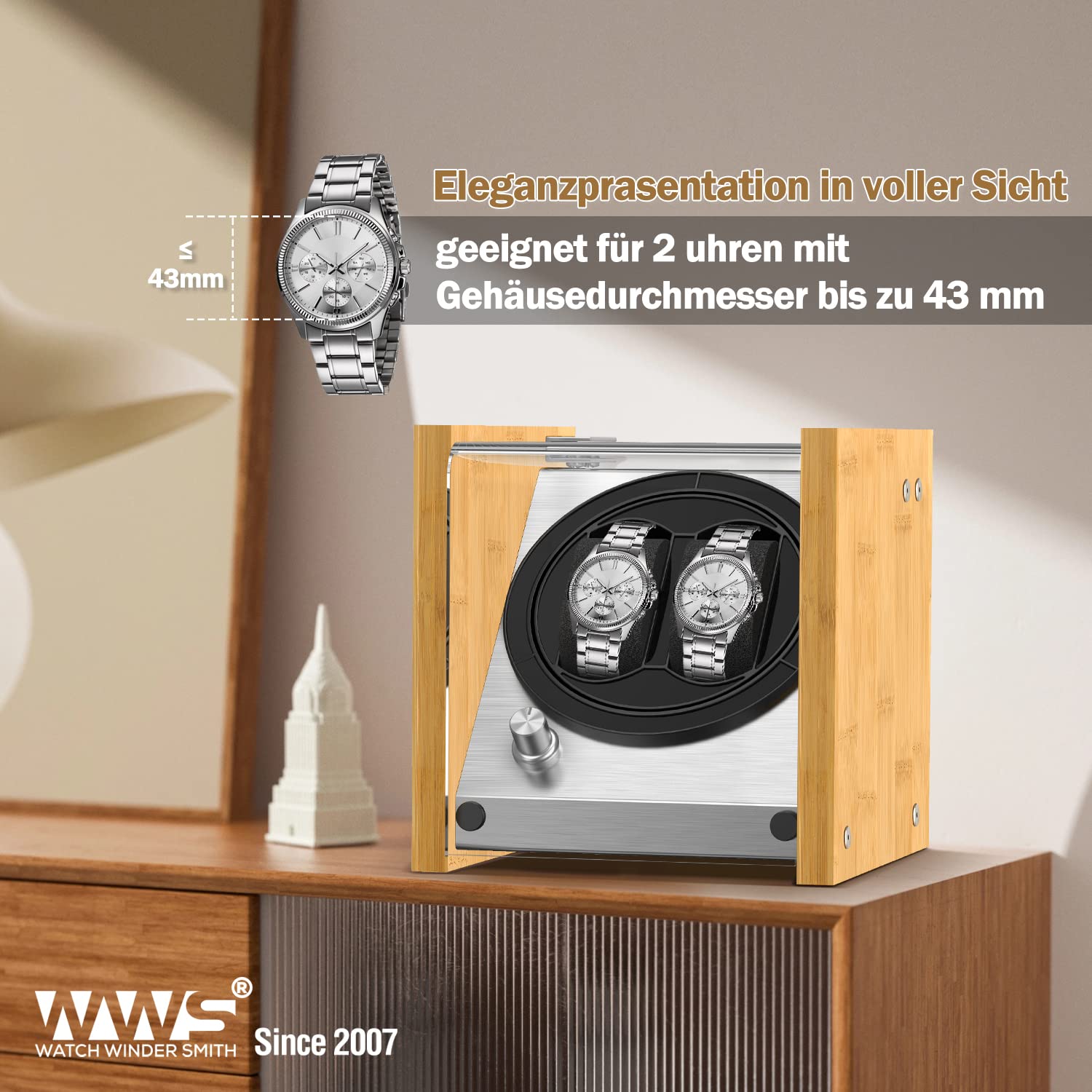 Watch Winder Smith Uhrenbeweger für 2 Uhren – Automatischer Uhrendreher mit 4 Laufmodi, leisem Japan-Motor & wahlweiser AC-/DC-Stromversorgung