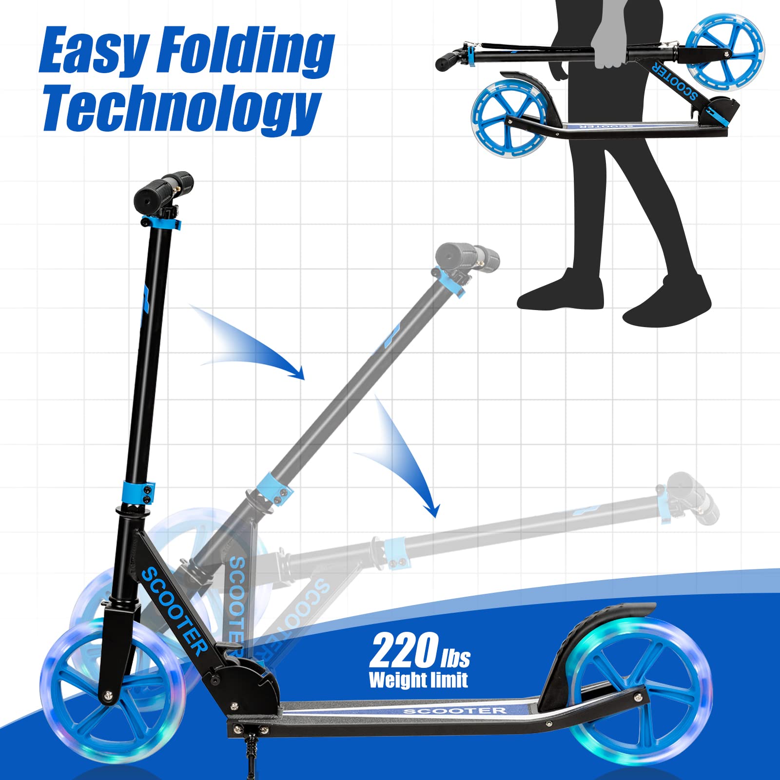 KOMFOTTEU Patinete Plegable para Niños y Adultos, Scooter con Manillar Altura Ajustable en 3 Niveles y 2 Ruedas Luminosas con Freno, Patinete Portátil con Carga de 110 kg