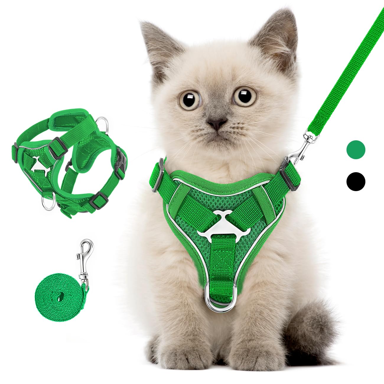 VavoPaw Pettorina per Cani con Guinzaglio da 1,5M, Imbracatura per Gatti Antifuga con Rete Traspirante e Strisce Riflettenti, Gilet Morbido e Regolabile per Cani Gatti, S, Verde Medio