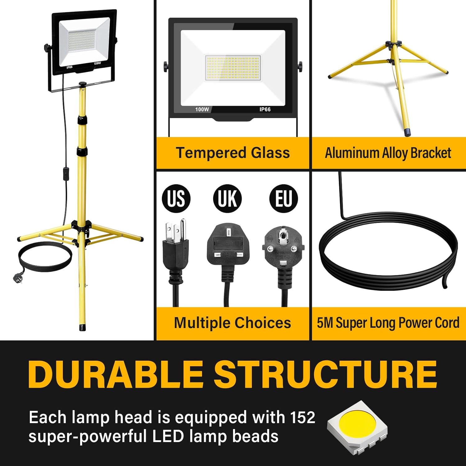 Willpower 100W Tripod Stand LED Work Light, 10000LM LED Floodlight Portable Job Site Light 110V Outdoor Indoor for Workshop Garage Construction Basement IP66 6000K with 5 Meter Power Cord