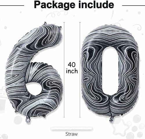 Miniatura 3 de Globos gigantes de papel de aluminio de mármol negro de 40 pulgadas, globos gigantes de helio con el número 60 para decoraciones de cumpleaños de 60