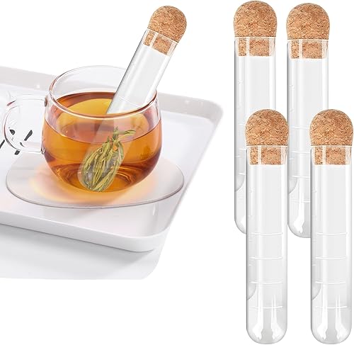 Paquete de 4 infusores de té para té suelto, filtros de té de vidrio reutilizables con filtro infusor de té de corcho, filtro difusor de intervalo