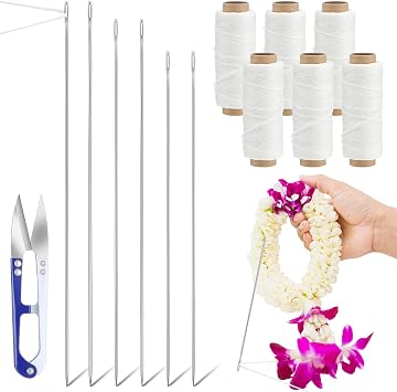 Leriton 13 Pcs Lei Needle Kit, 6 Pcs 14, 12, 9.1 Stainless Steel Long Needle for Hawaiian Leis 6 Twine 1 Sewing Scissors Making Kit for DIY Graduation Hawaiian Flower Wreath Craft Accessory