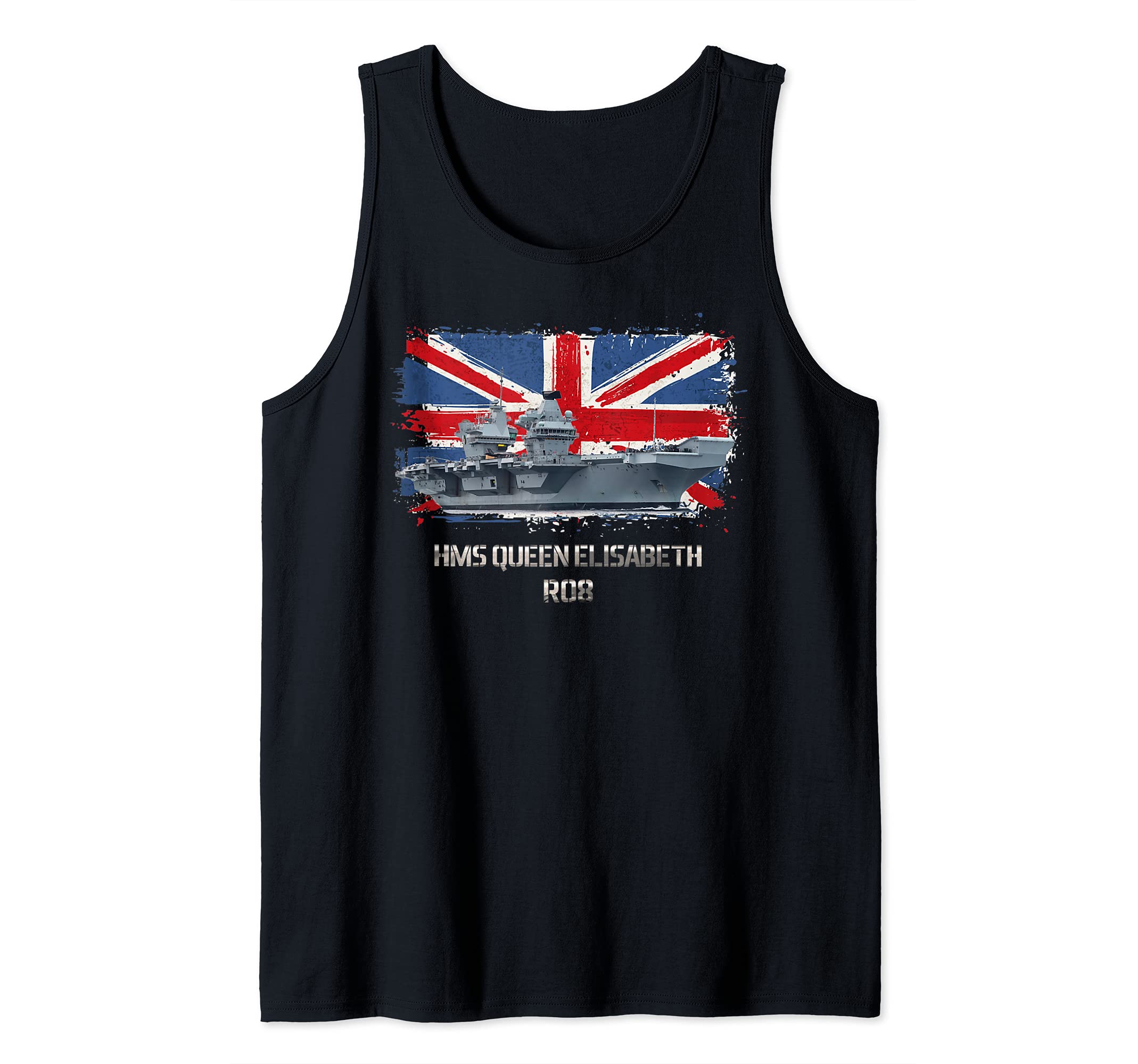 UK Aircraft Carrier R08 with british flag Tank Top, Black