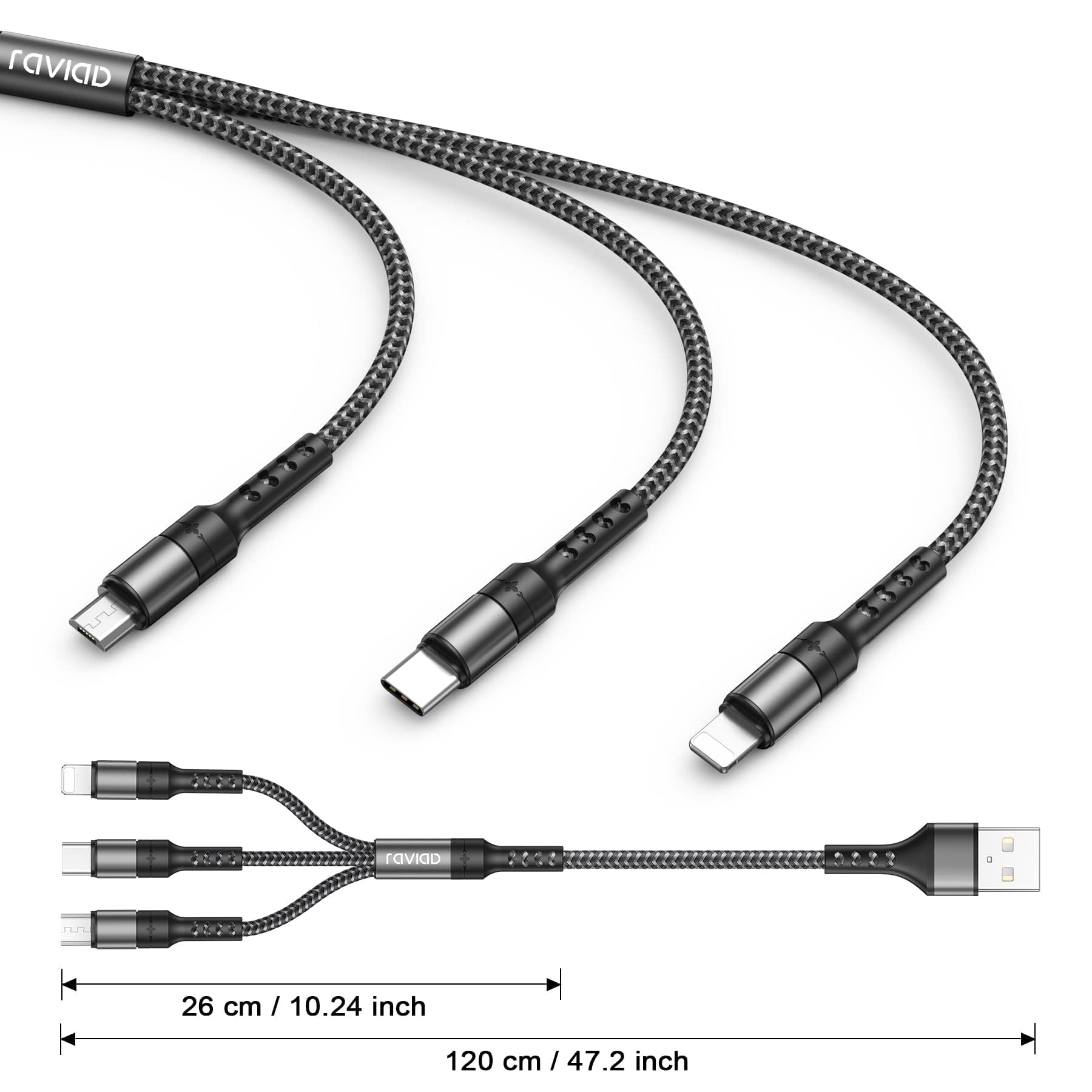 RAVIAD Multi Cavo di Ricarica, 3 in 1 Multiplo Cavetto [3Pezzi, 1.2M] Micro USB Tipo C Nylon Intrecciato Cavo di Ricarica USB per Samsung S24/S23/S22/S10/S9/S8, Huawei P30/P20, Xiaomi, OnePlus