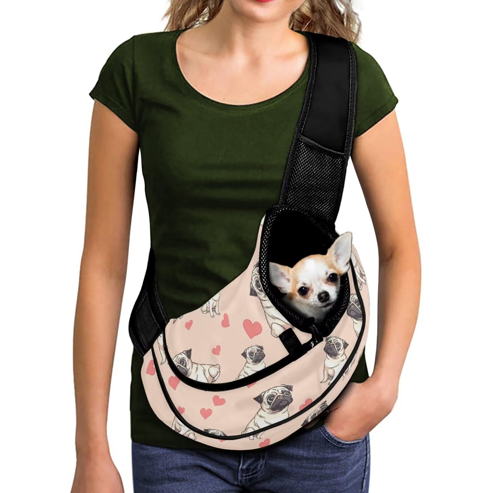 COEQINE Pet Carrier Sling For Small Dogs Cats Cute Pink Accessories Dog Crossbody Purse Breatheable Puppy Satchel Shoulder Back Pack With Safety Hook Non-Anxiety,Cute Pug Print