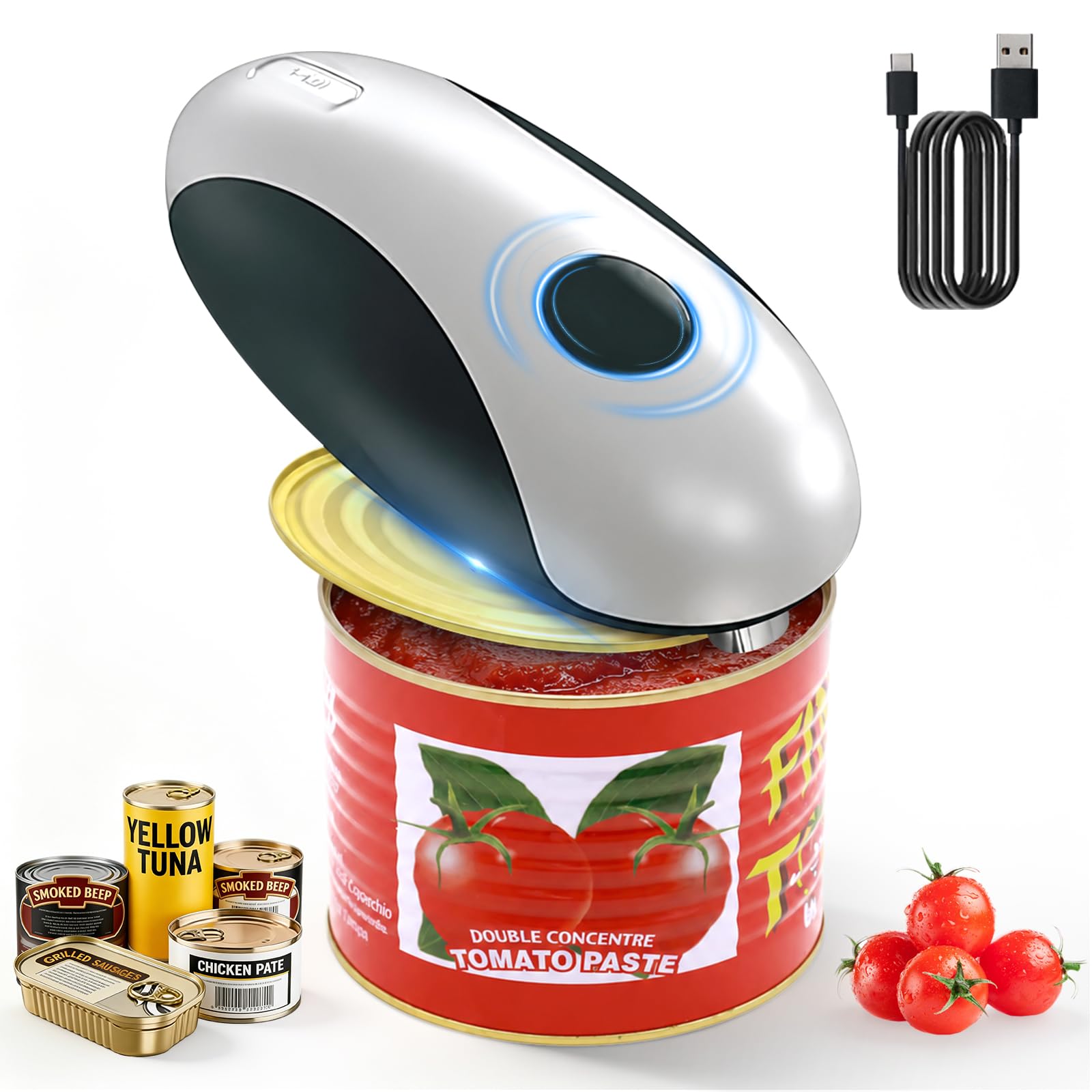 Qivine Electric Tin Opener UK Hand Free, One Touch Electric Can Opener with Smooth Edges & Safe to Use for Almost Sizes of Cans, Tpye-C Rechargeable, Kitchen Best Choice, Powerful for Seniors, Cooks