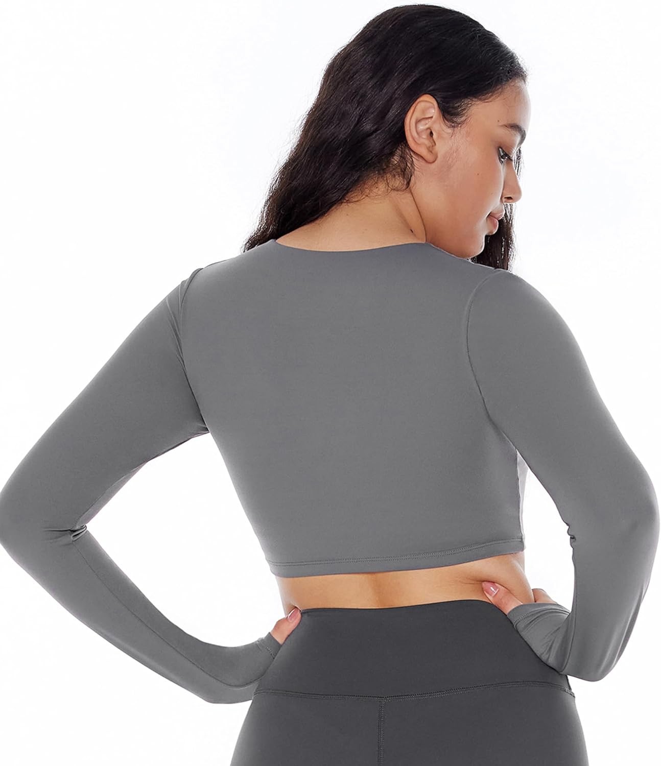 Long Sleeve Crop Tops for Women Workout Tee Built in Bra Cream Feeling Athletic Mild Support U Neck Cropped Shirts - Image 3