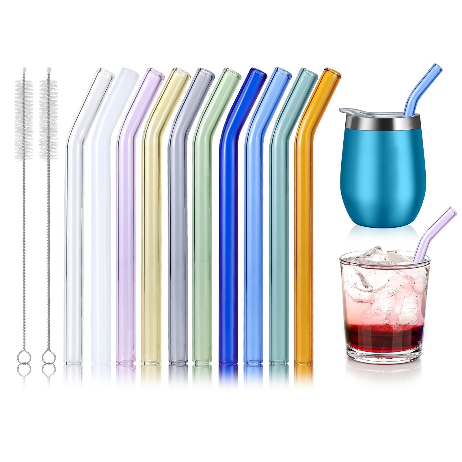 10 Pcs Reusable Bent Short Glass Straws,6''x10 mm Colorful Cocktail Glass Straws Shatter Resistant with 2 Cleaner Brush for Whiskey,Coffee,Juice,Soda