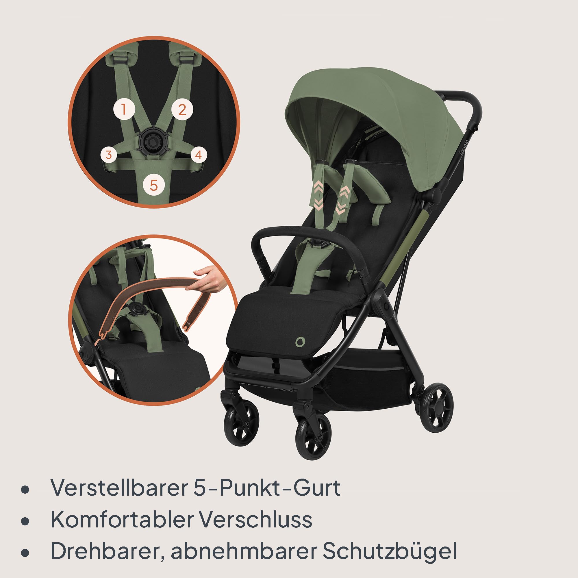 Lionelo Julie Air Buggy bis 22 kg 6 m-4 Jahre 360° Schwenkräder Federung Einhand-Faltmechanismus LSF50+