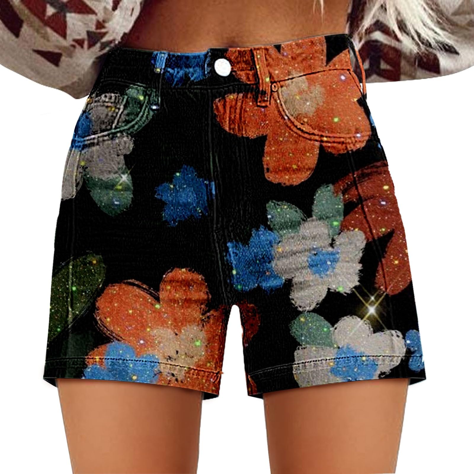 Womens Stretch Denim Shorts High Waisted Stretchy Rolled Hem Jean Shorts Washed Art Retro Printed Boyfriends Floral Jeans Short Casual Summer Classic Beach Mini Hot Denim Jeans with Pockets Black