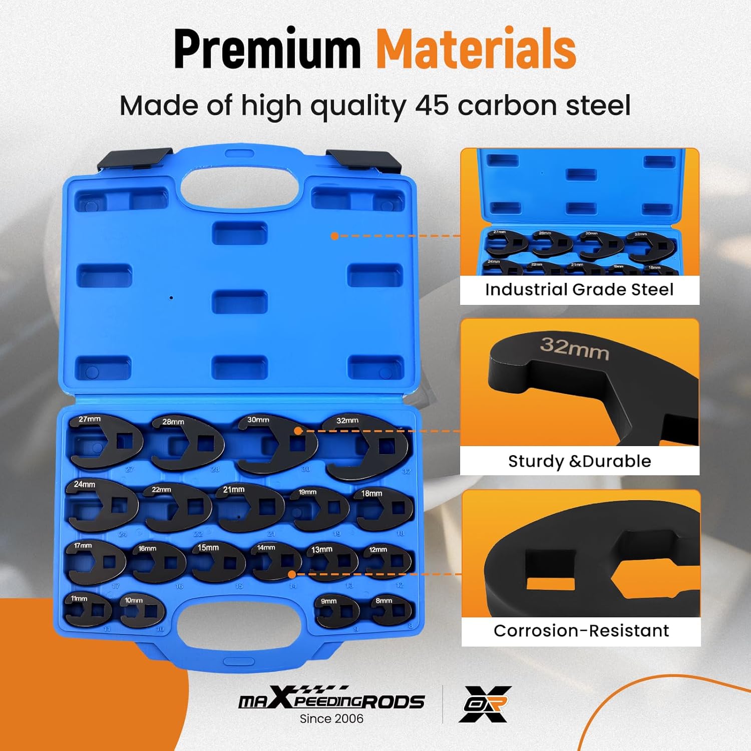 maXpeedingrods Crows Foot Wrench Set 1/2" and 3/8” Drive Flare Nut Crowfoot Set, 19 Pcs 8-32 mm 6 Point Crows Feet Wrenches, Large & Small Metric Flare Nut Tool Kit for Nut Removal and More