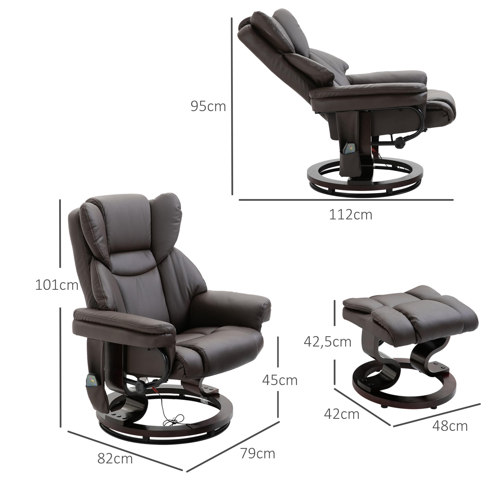 HOMCOM Sillón Relax con reposapiés, sillón TV eléctrico reclinable, sillón Masaje Giratorio con Mando a Distancia, Bolsillo Lateral, para salón, Polipiel, marrón