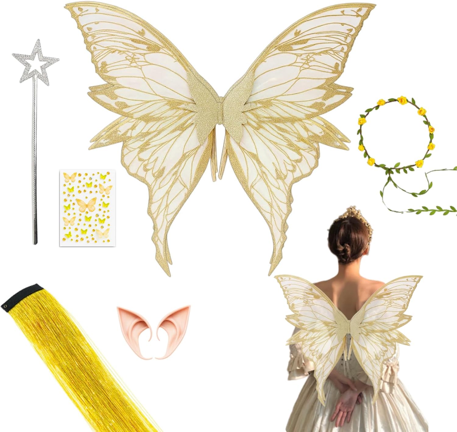 Fairy Wings for Adult Women, Fairy Wings Costume Set with Magic Wand and Elf Ears, Fantasy Accessories for Halloween Party, 6-Piece Fairy Costume Women (Black 6 pcs)
