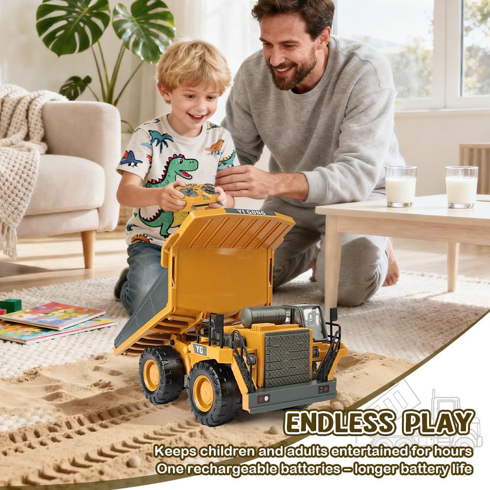 Aolso Camion-Benne Télécommandé, Véhicule de Construction RC pour Enfants, Jouet Tracteur RC 2,4 GHz avec Lumière et Son, 9 Canaux Camion Benne Jouet, pour 3+Ans, Cadeau de Noël et d'anniversaire