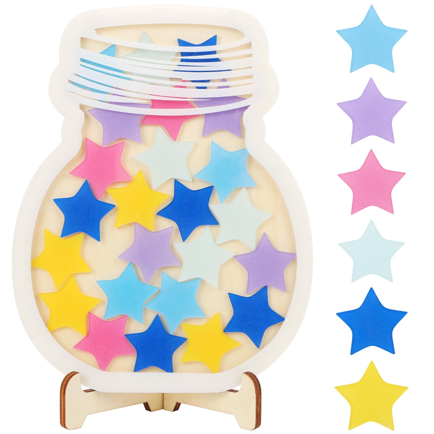 Star Rewards Jar,UHOMENY 30pcs Coloured Stars Reward Charts for Motivate Good Behavior Star Incentive Jar with Wooden Holder for Home School Classroom Behaviour Rewards Decorations
