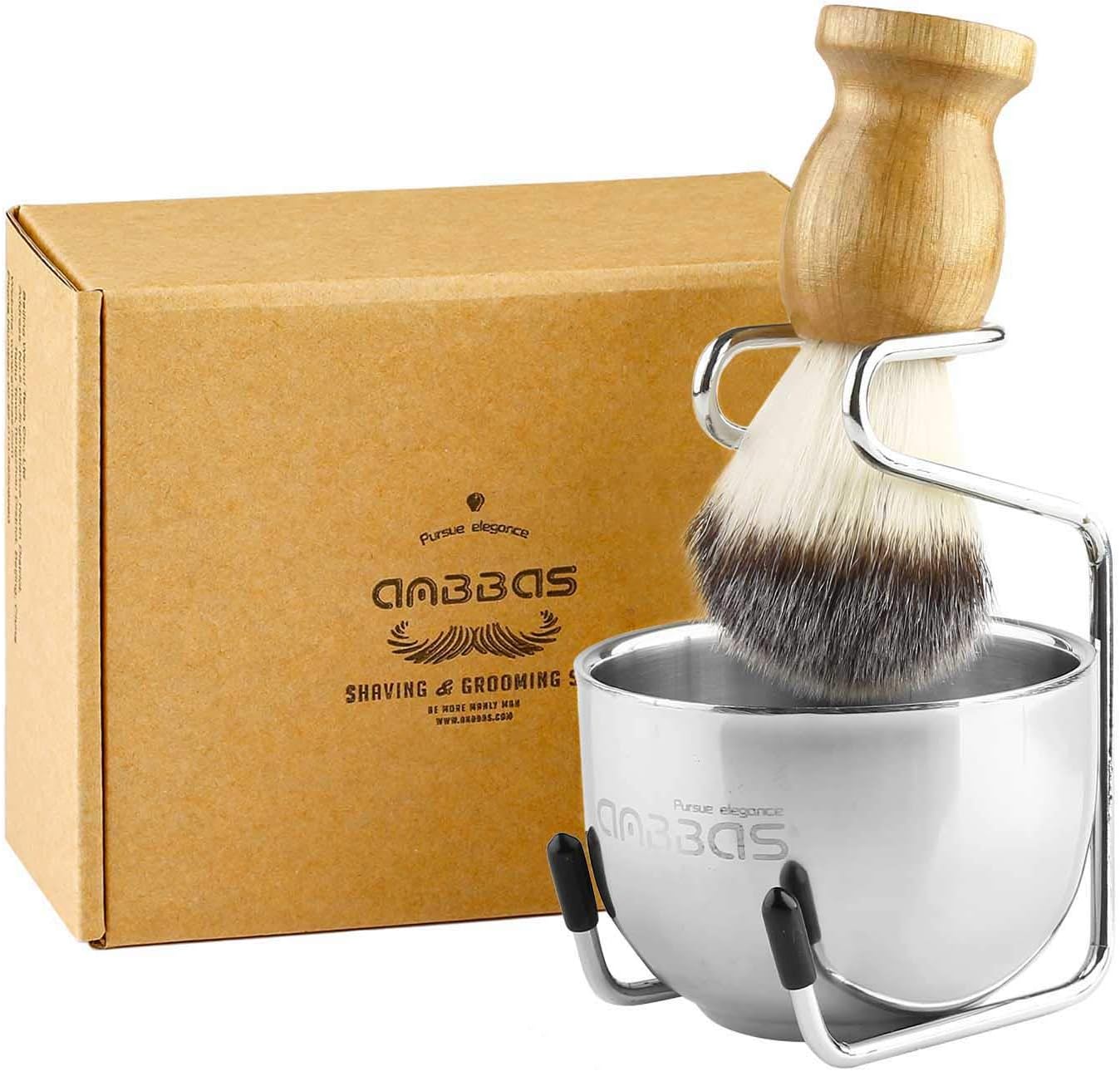 Anbbas Shaving Brush Synthetic Badger Hair Wood Handle,Stainless Steel Shaving Stand and Bowl,Perfect for Men Wet Shave