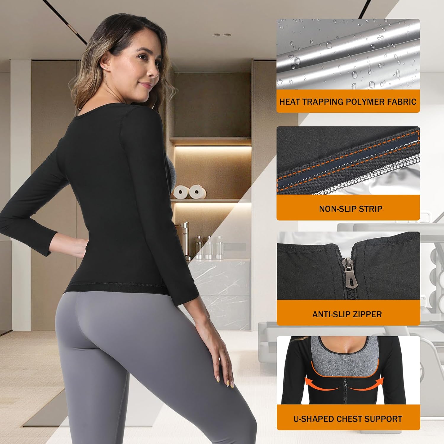 Sauna Suit for Women Heat Trapping Long Sleeve Sweat Suit Weight Loss Waist Trainer Workout Body Shaper with Zipper - Image 4
