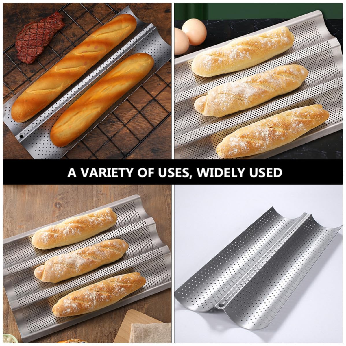 2 Moldes Perforados de Acero Inoxidable para Hornear Baguettes y Pan, Antiadherente, Fáciles de Limpiar, Paquete de 2 Piezas, Ideales para Panaderías y Reposterías