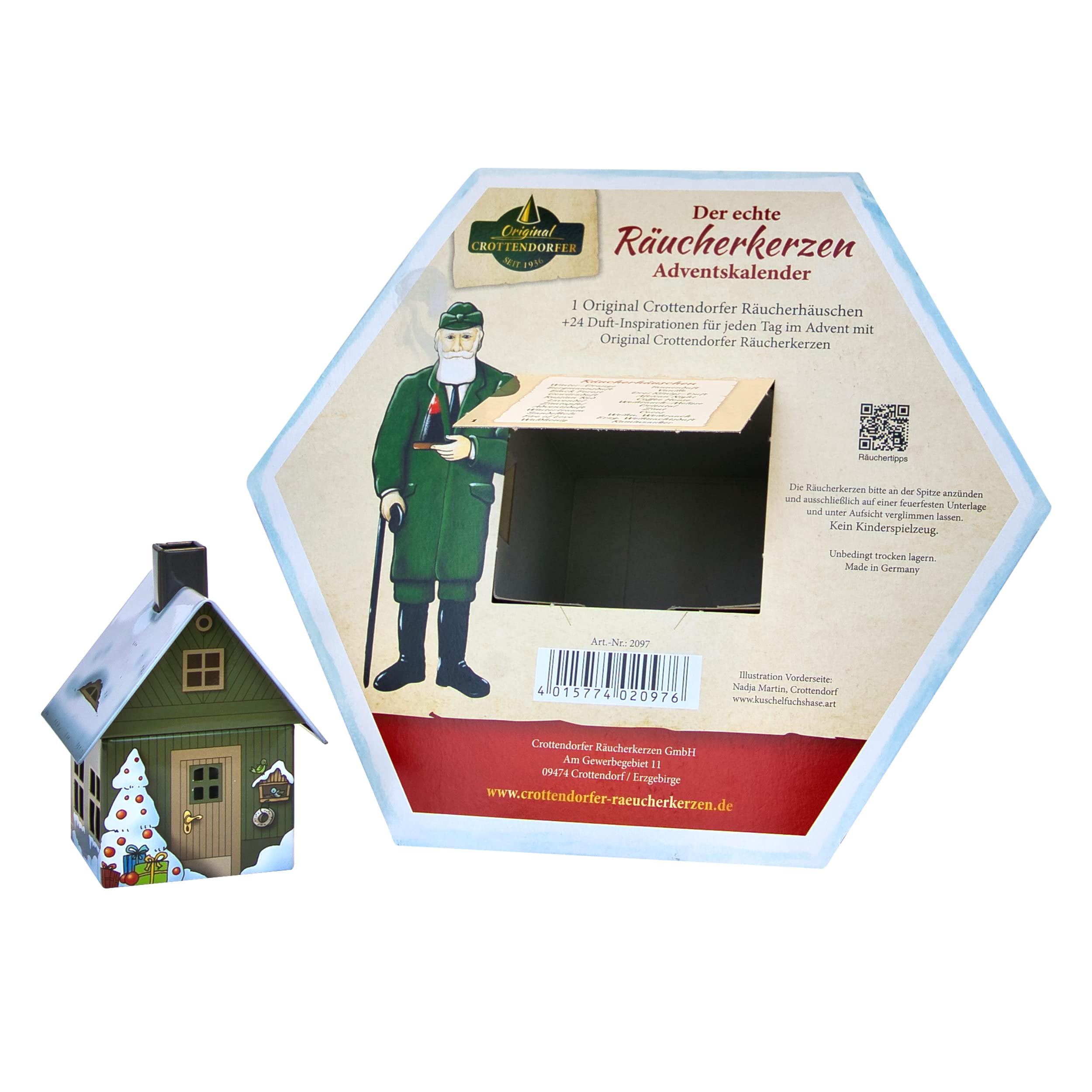 Der echte Räucherkerzen Adventskalender Pyramide mit Räucherhäuschen aus Metall und Original Crottendorfer Räucherkerzen