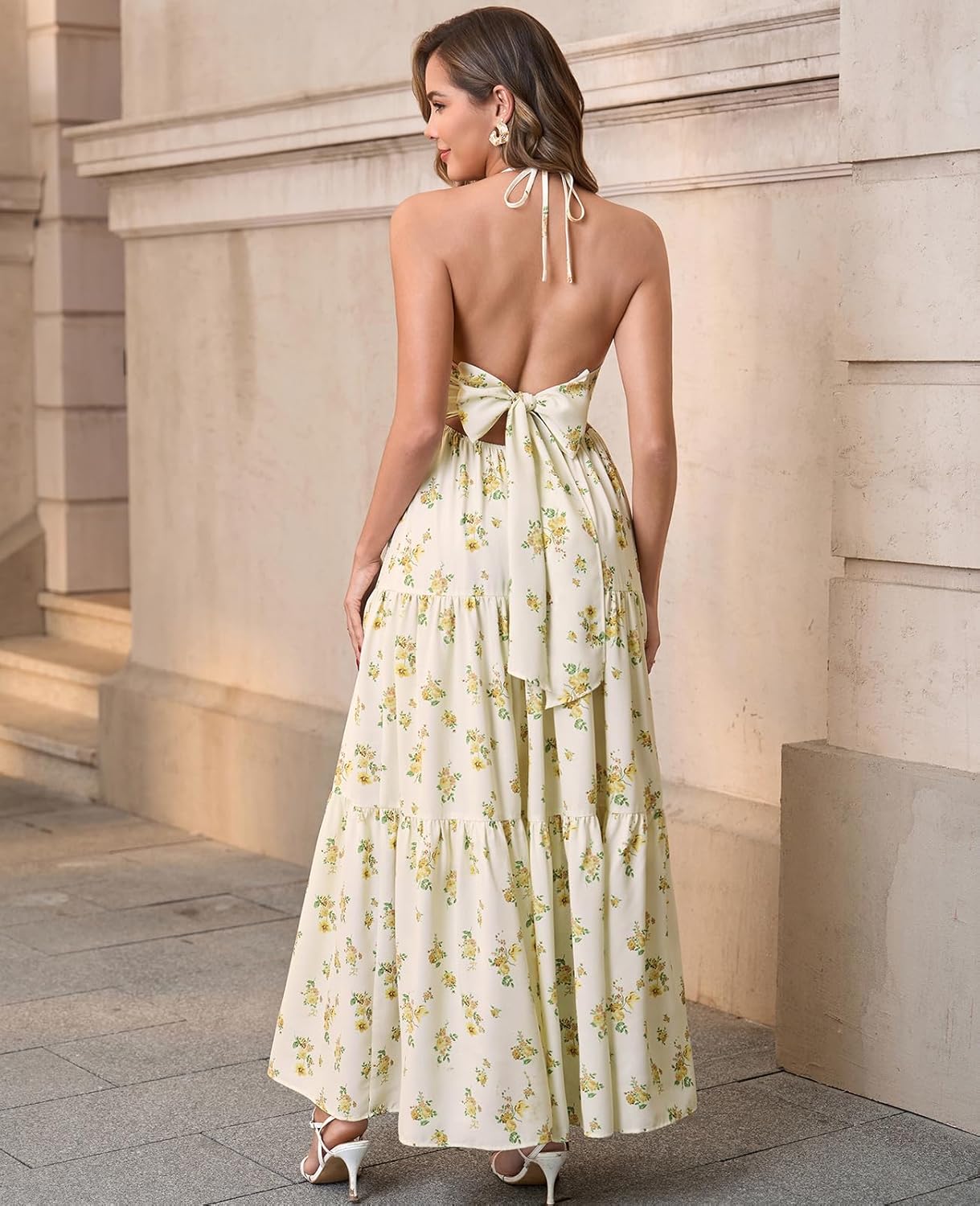 GLNEGE Summer Maxi Beach Dress Boho Halter V Neck Backless Bow Dresses Flowy Trendy Ruffle Sundress for Women 2025 - Image 3