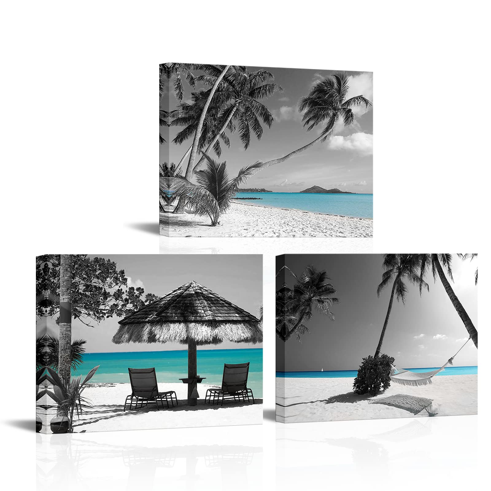 BPA 3 Panels Tropical Palm Tree Canvas Prints Wall Art Black and White Seascape Picture Hawaii Sea Beach Painting Artwork for Bathroom Office Wall Decoration Framed Ready to Hang 12"x16"