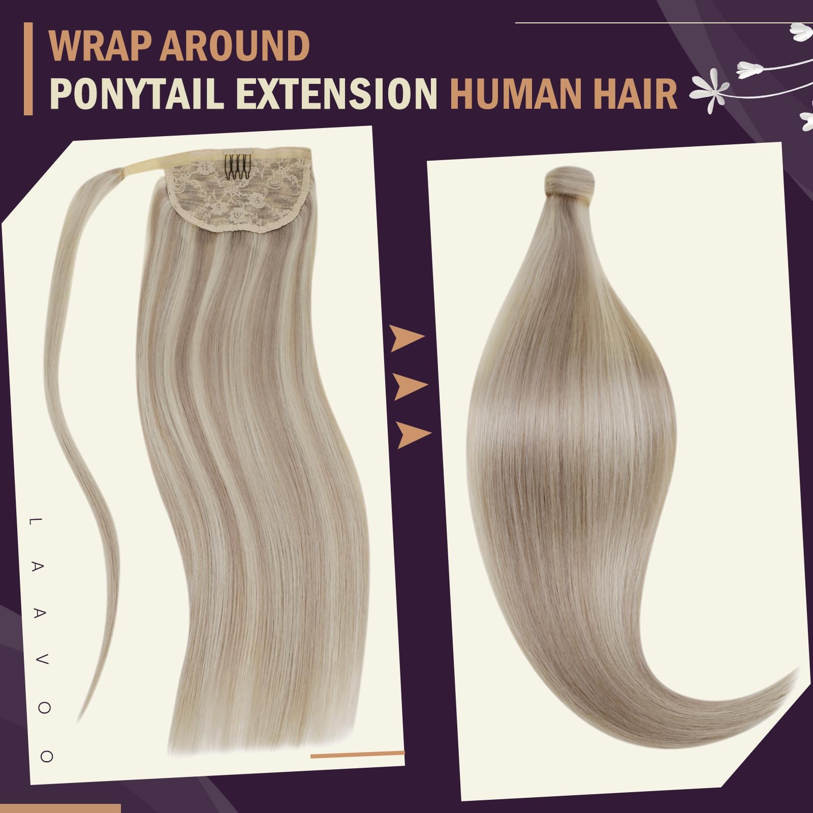 LaaVoo Pony Tail Extensions Real Human Hair 18 Inch 80g Highlight Ash Blonde & Platinum Blonde Remy Straight Ponytail hair Extensions #18/613 - Image 2