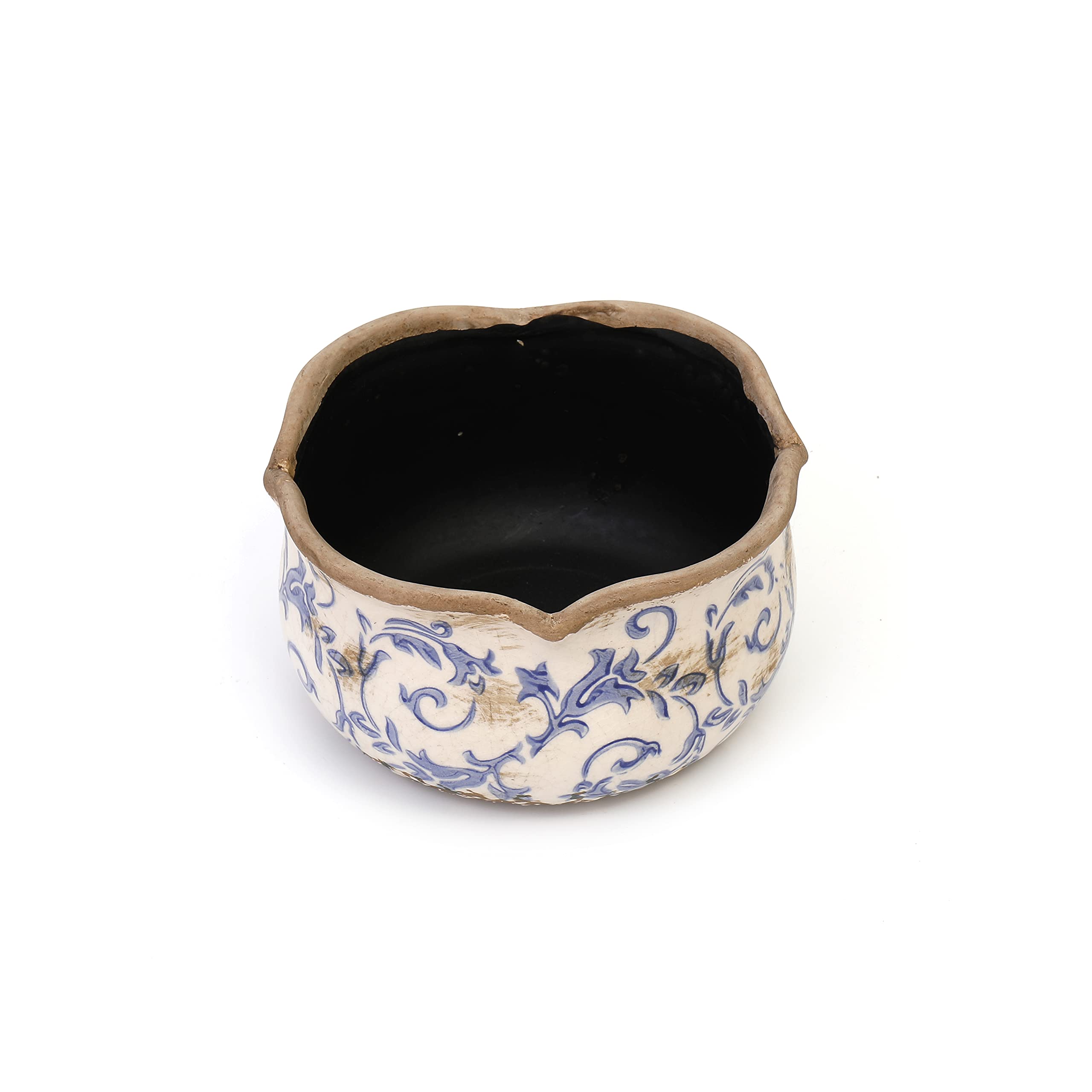 Annibells Vintage Blue Cream Ceramic Round Floral Scalloped Planter Plant Flower Pot (Small)