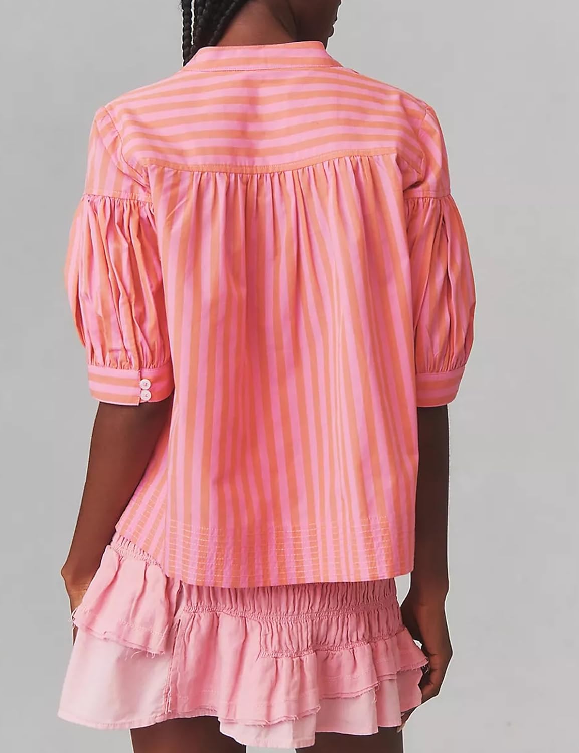 Women Puff Short Sleeve Blouse Trendy Striped V Neck Shirt Summer Business Casual Outfit Cute Babydoll Boho Loose Tops - Image 4