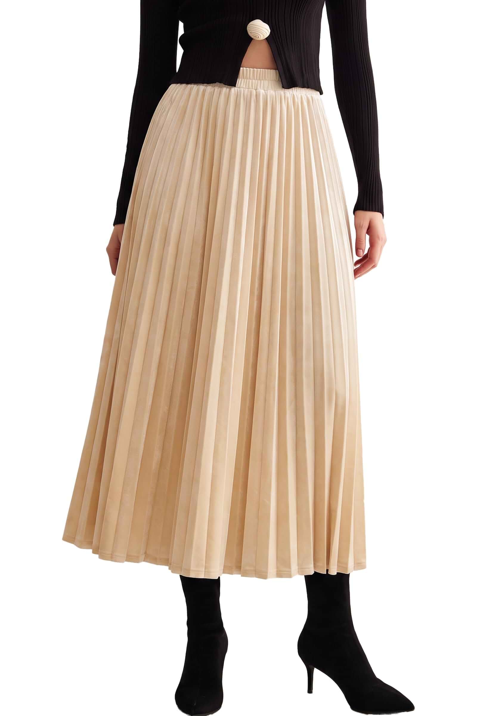 Women's Velvet Pleated Midi Skirt High Waist A-Line Fall Skirt,Elastic Pull-On Waist, Fine Vertical Pleats,Subtle Velvet Sheen,Flowy Drape, Midi Length
