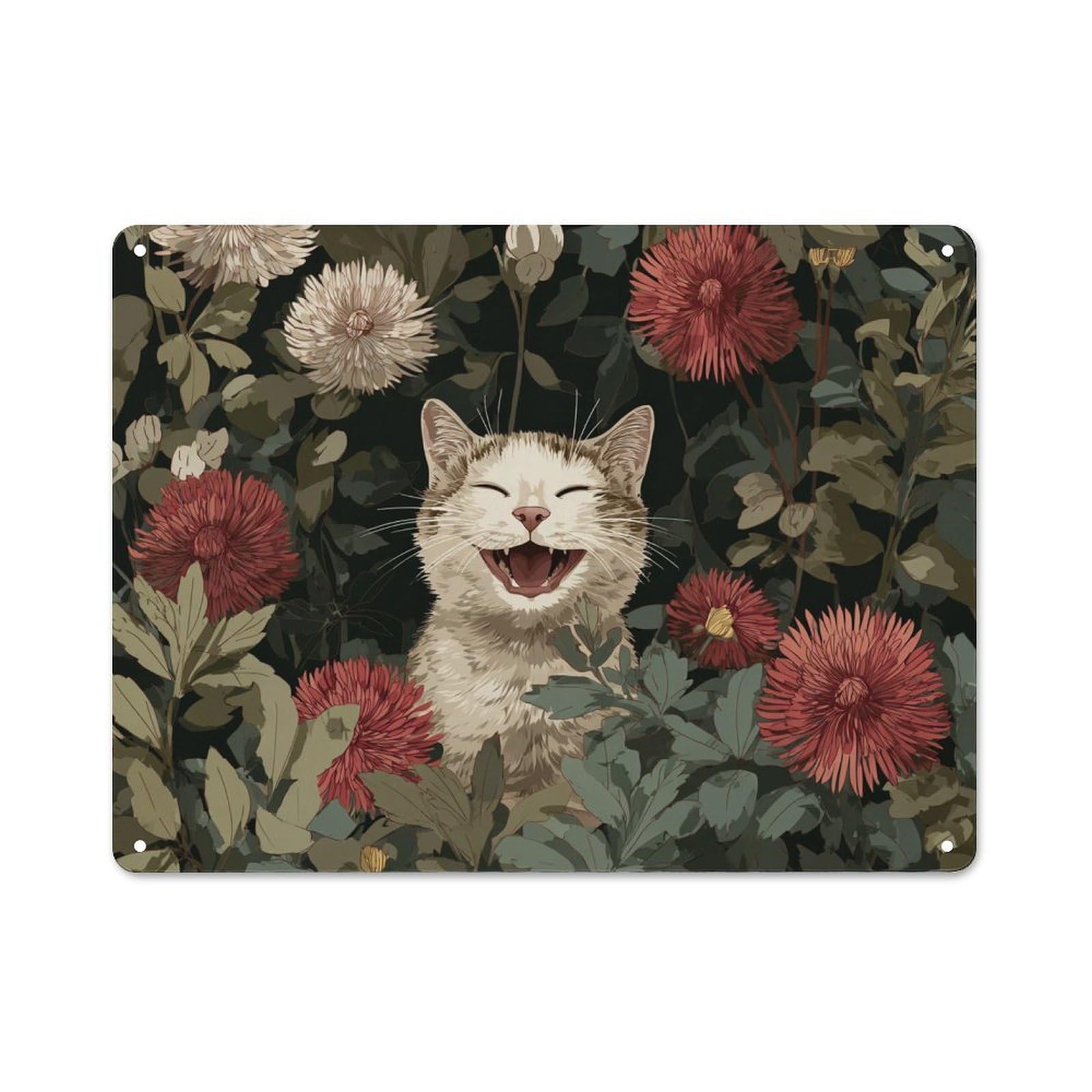 Junmoney Charming Cat In Blooms Decorative Tin Sign 30X40cm, Rustic Rustic Kitchen Decor For Kitchen, Cottage, Porch Or Garden Room