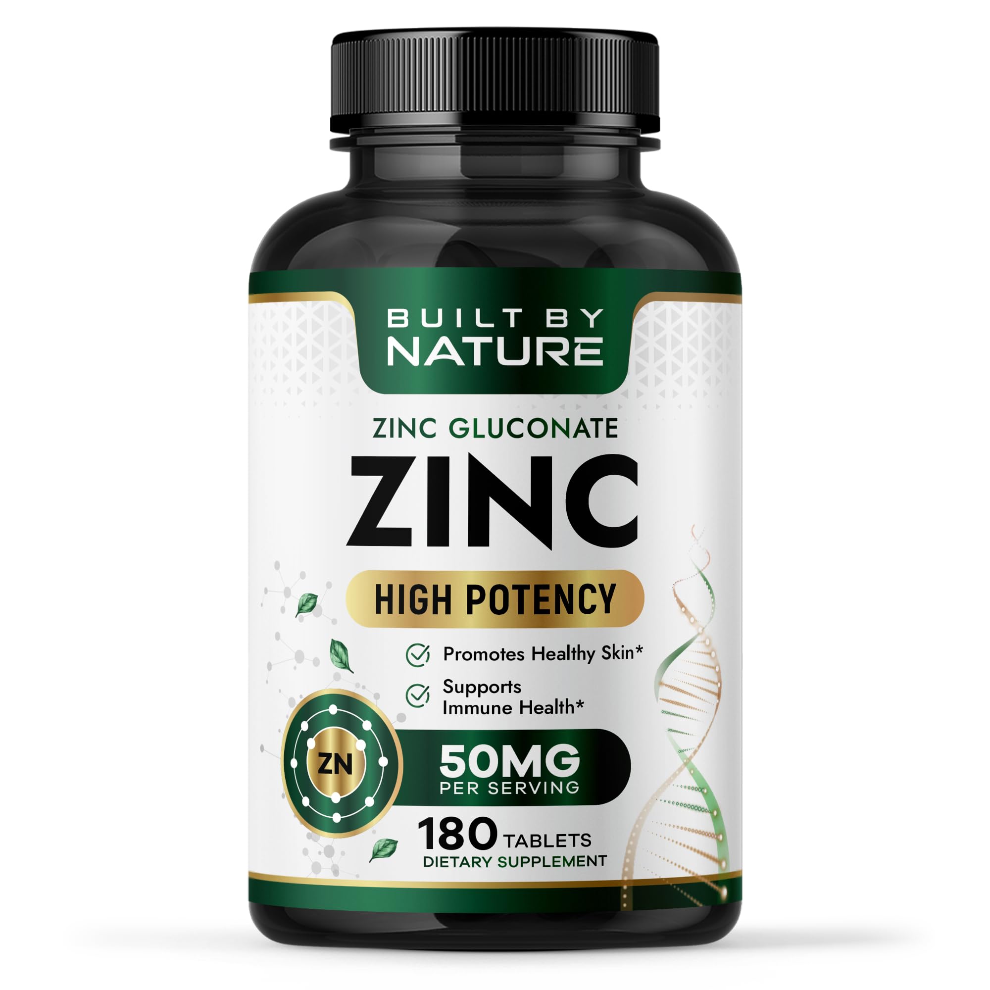 Built By Nature Zinc 50 mg, 180 Tablets Zinc Gluconate, Highly-Absorbable, Immune & Antioxidant Support, Non-GMO, Gluten-Free