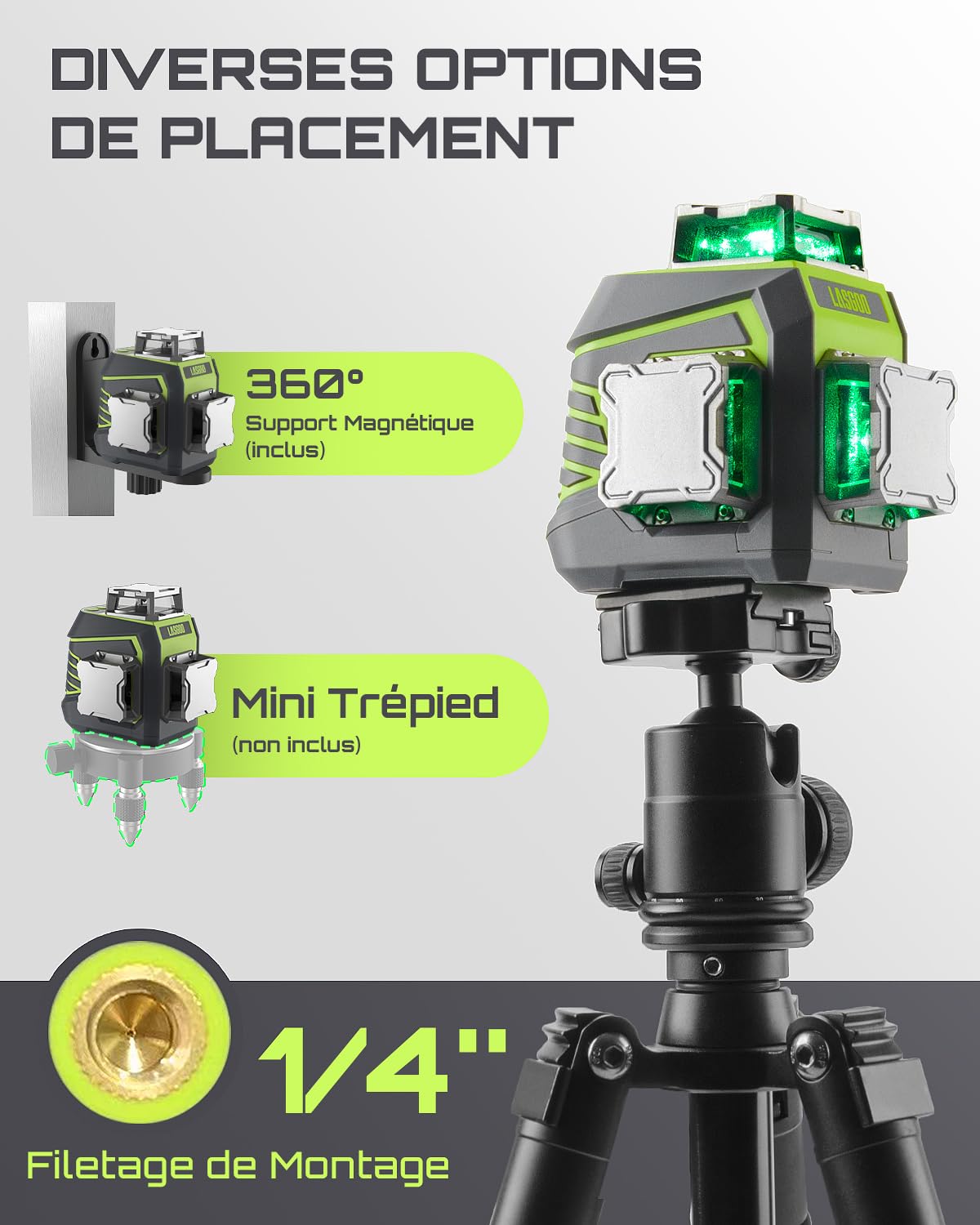 LasGoo Niveau Laser 3x360° Auto-nivelant, Laser à Lignes Croisées Vertes pour la Construction et l'Accrochage de Photos, Batterie Rechargeable, Télécommande, Support Rotatif Magnétique Inclus - LG-3Dx