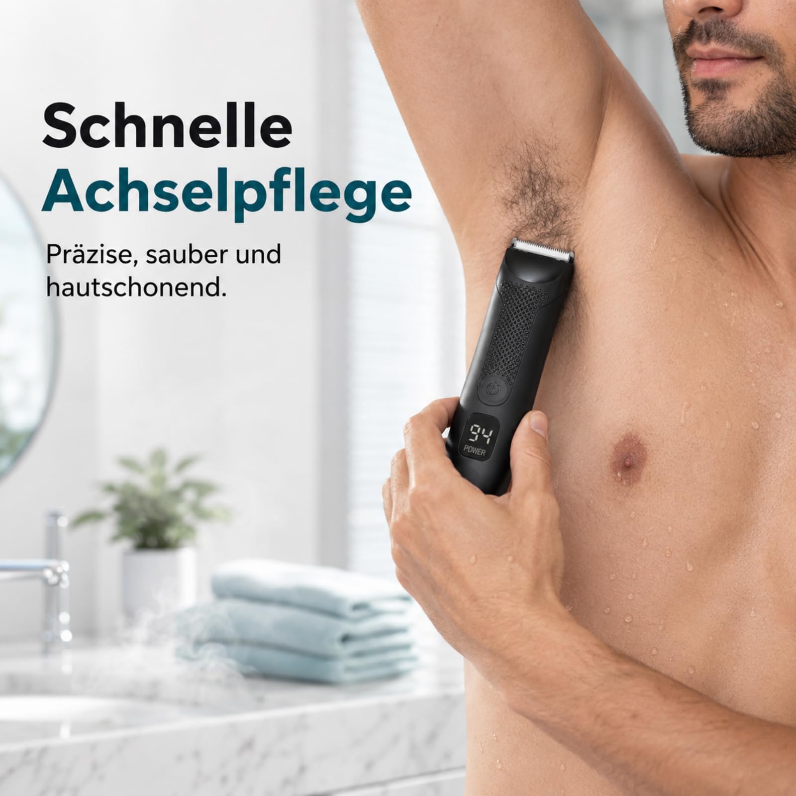 Körperhaartrimmer Herren mit LED Licht und Langem Akku Wasserdichter Bodygroomer mit Keramikklinge für Achseln Brust und Intimbereich