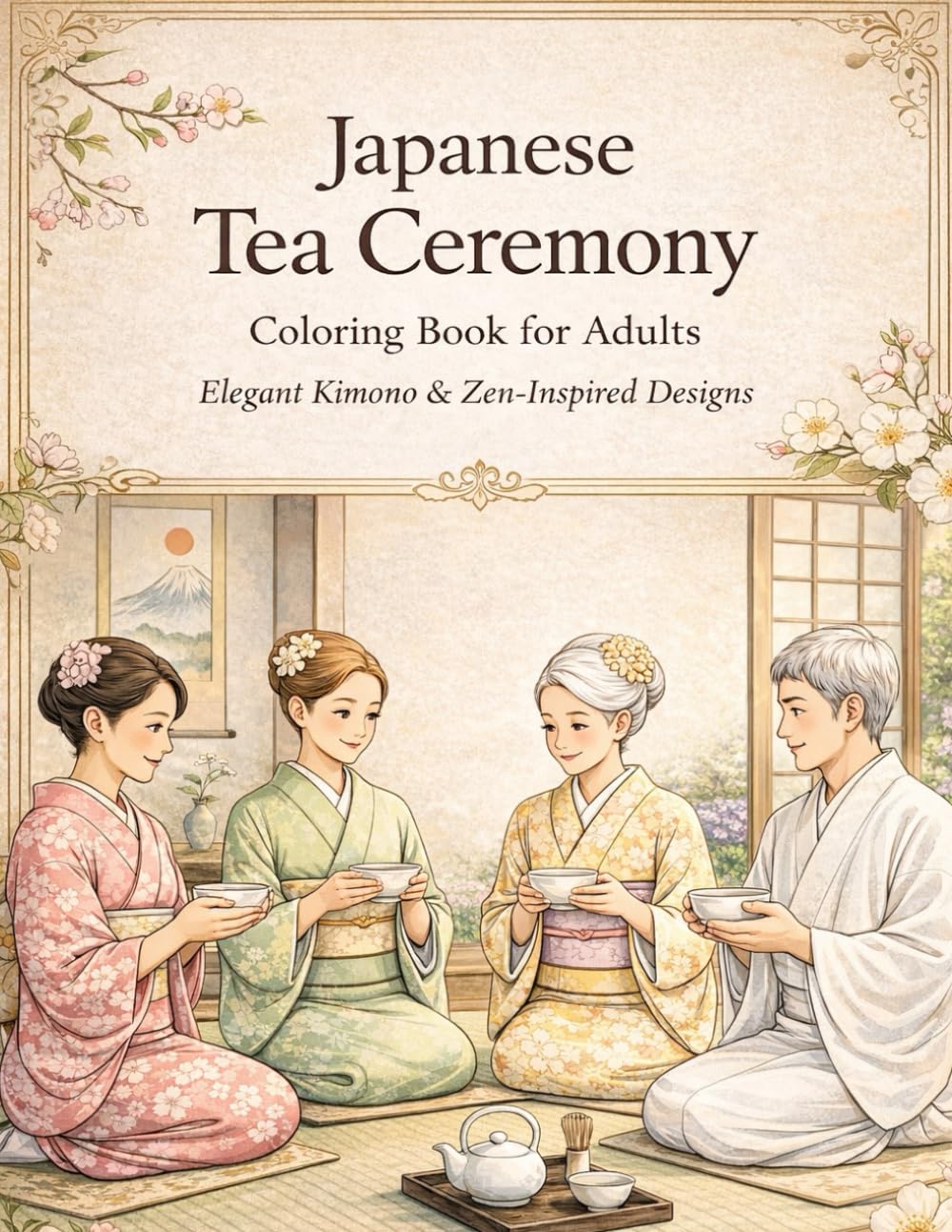 Japanese Tea Ceremony Coloring Book for Adults: Elegant Kimono, Zen Tea Room & Tranquil Garden Designs for Relaxation