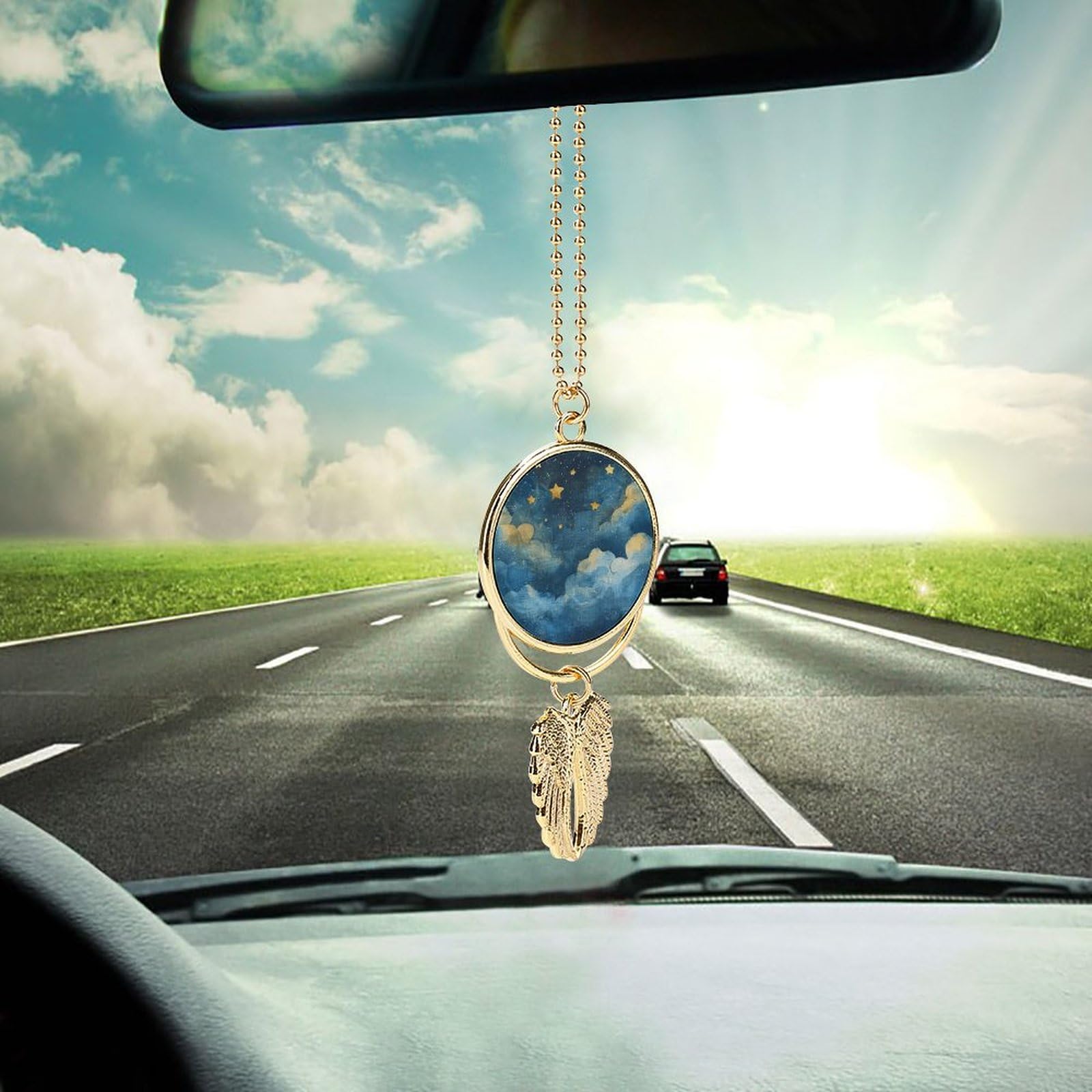 Metal Car Pendant Charms Unique Scenery Images Car Rear View Mirror Charms Angel Wing Auto Rearview Mirror Hanging Interior Ornament Pendant Car Accessories for Women Men Car Interior Decor