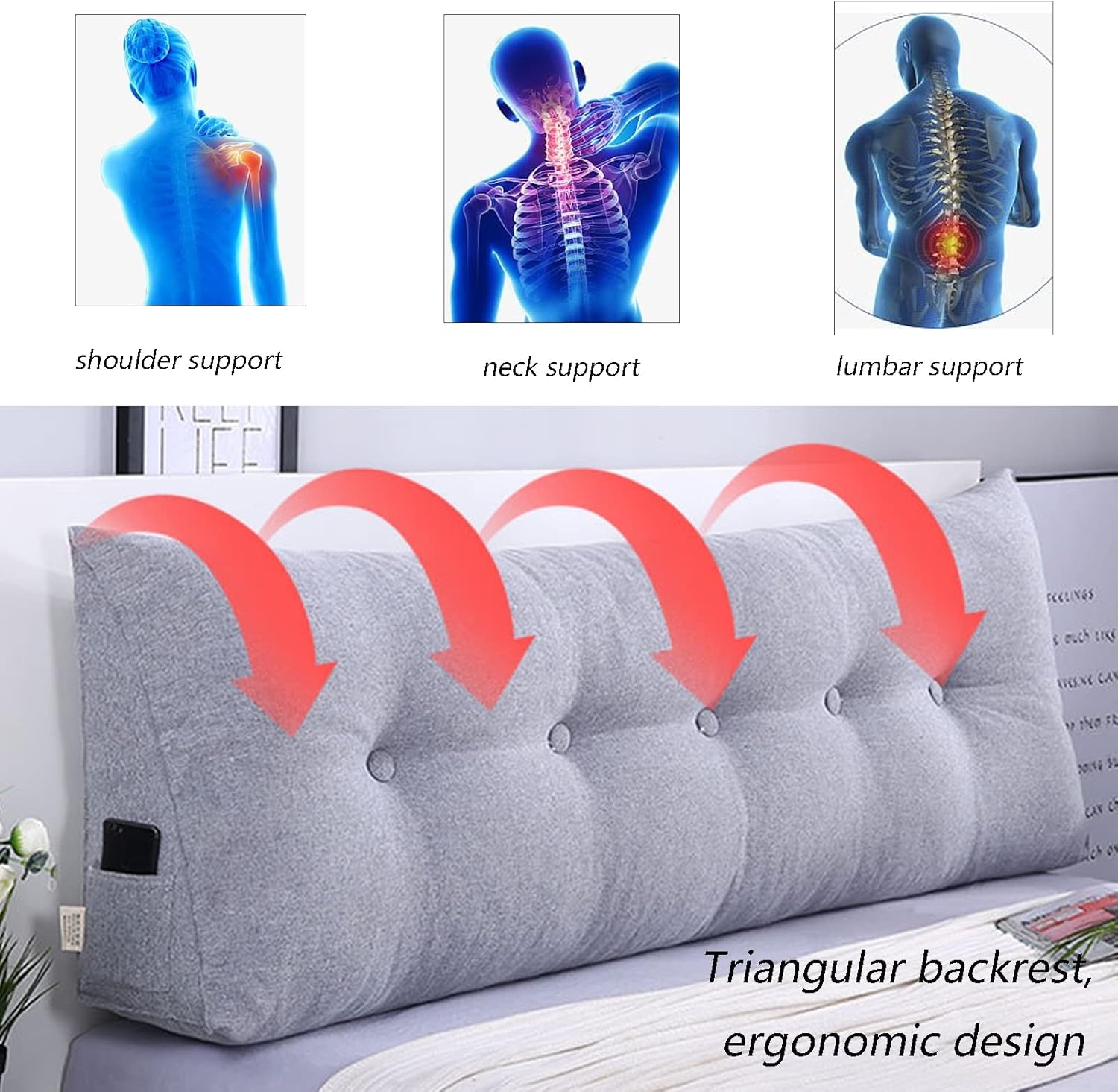 Headboard Wedge Pillow,Triangular Reading Bed Rest Pillow Large Bolster Cushion Headboard Backrest Wedge Pillow for Neck & Lumbar Support,E,60cm/23.6in