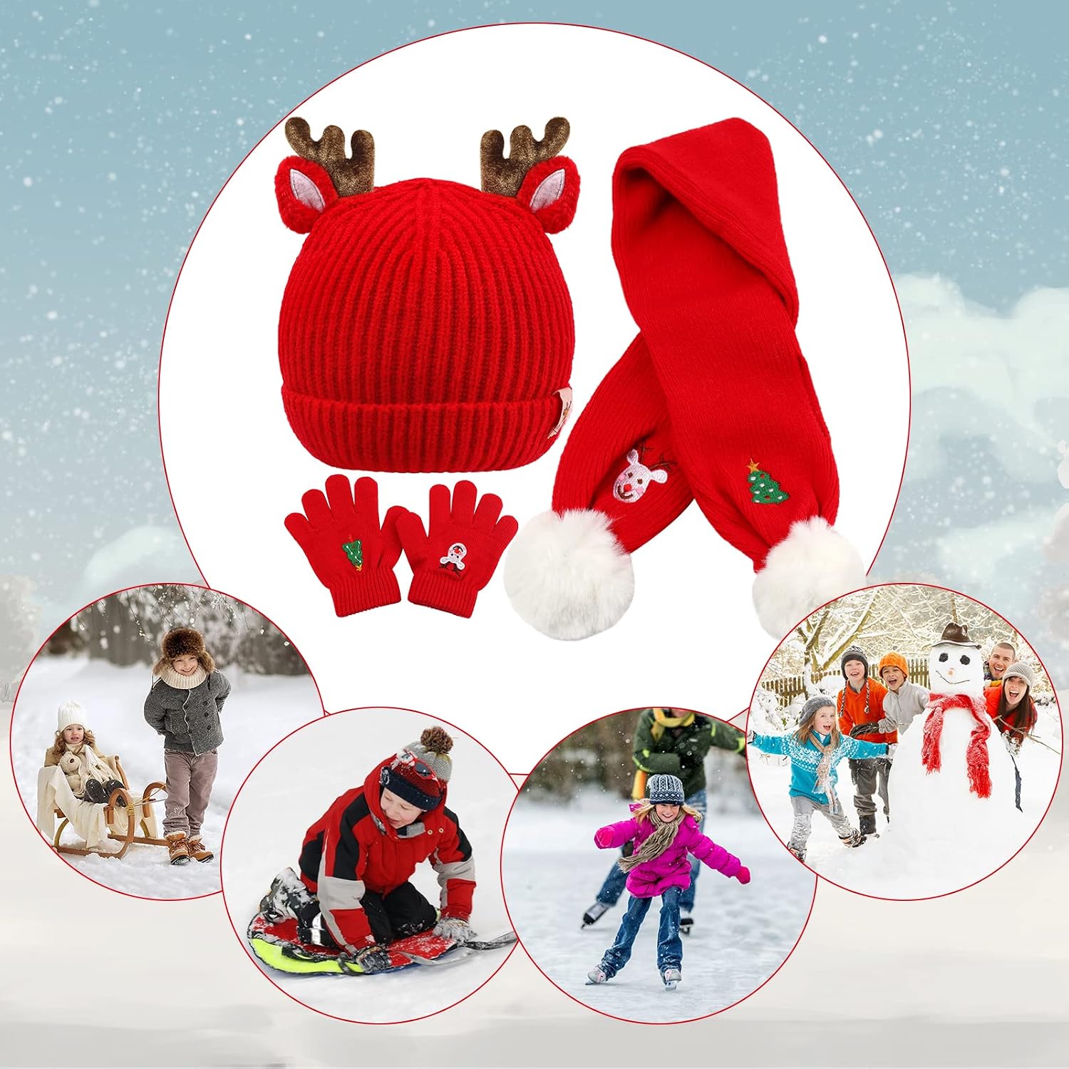 Christmas Winter Beanie Hat Scarf Gloves Set for Kids, Xmas Tree Reindeer Hat Scarf Gloves for Toddler Boys Girls 1-8 Year
