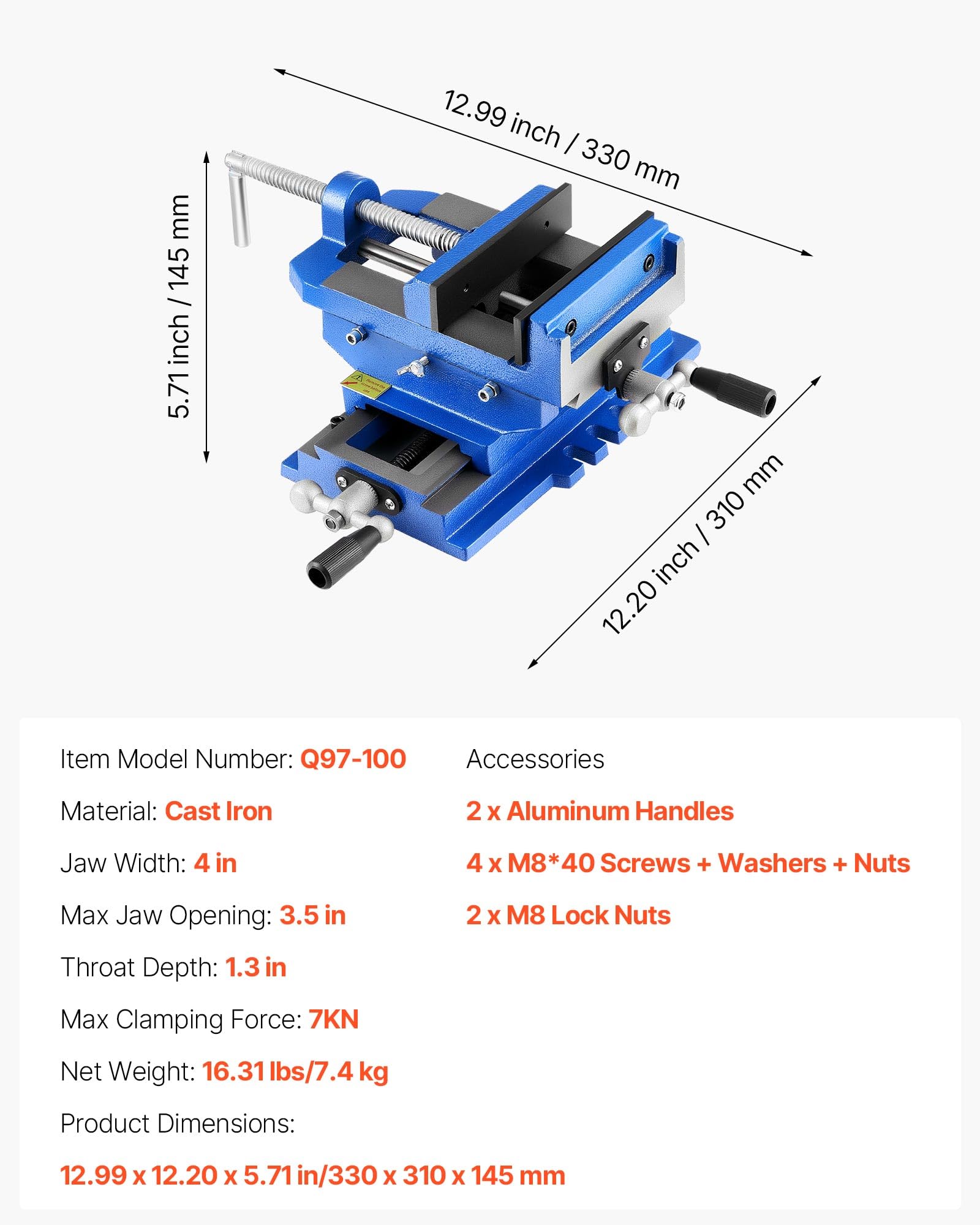 VEVOR Étau Croisé de Perceuse à Colonne, Largeur de Mâchoire 101,6 mm, Étau d'Établi de Perçage en Fonte Robuste, avec Axe XY Bidirectionnel, pour Travail du Bois, Perçage, Fraiseuse CNC, Atelier