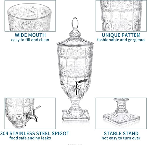 Miniatura 3 de Singvon Dispensador de bebidas de vidrio de 0.8 galones con grifo de acero inoxidable, dispensador de bebidas de boca ancha con soporte, dispensador