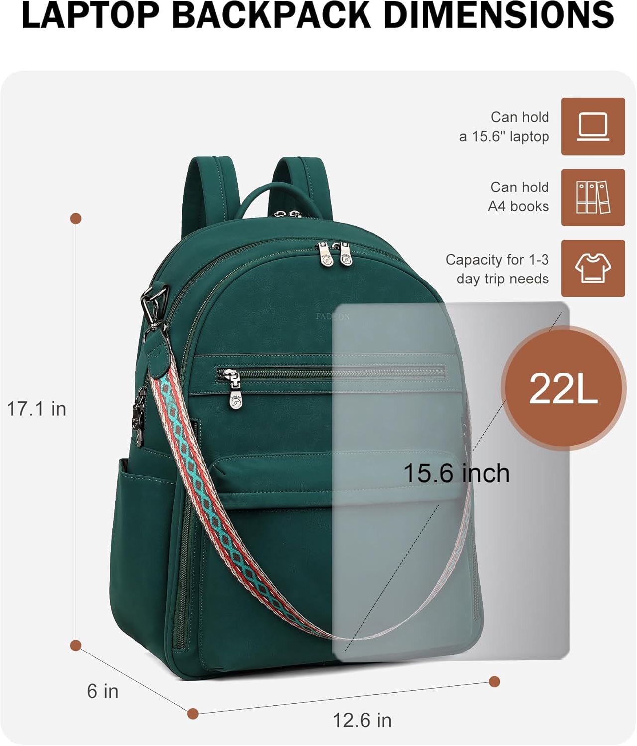 FADEON 15.6 inch Laptop Backpack Purse for Women Designer PU Leather Computer Backpacks Fashion for Work Travel Green