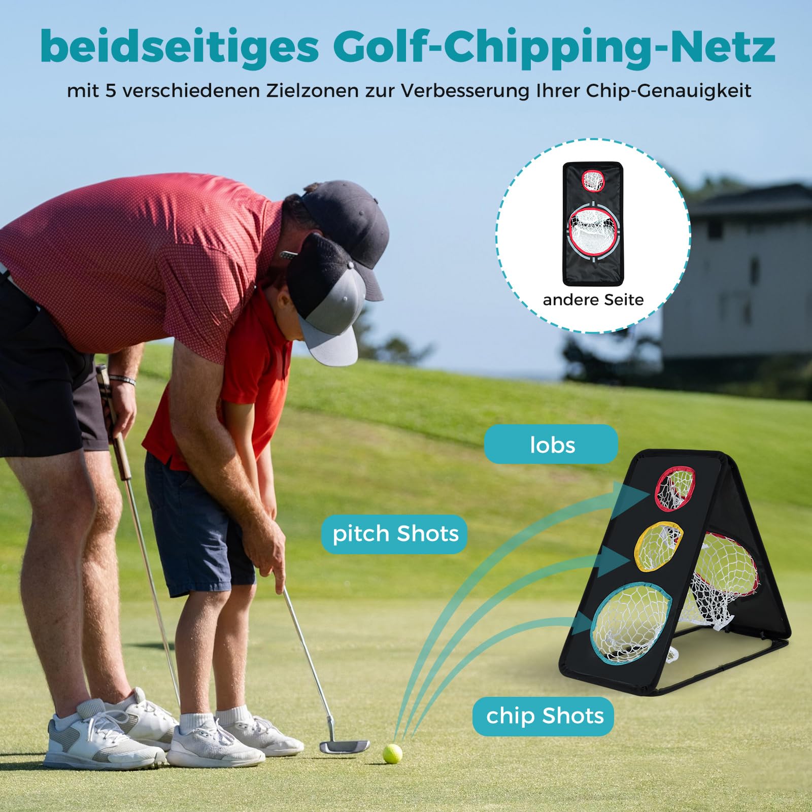 COSTWAY Golf Chipping Netz, doppelseitiges Übungsnetz tragbar & faltbar, Golfnetz aus Oxford-Gewebe mit 5 Zielzonen & dreieckige Struktur, Golf Zielnetz Trainingsnetz für Indoor & Outdoor