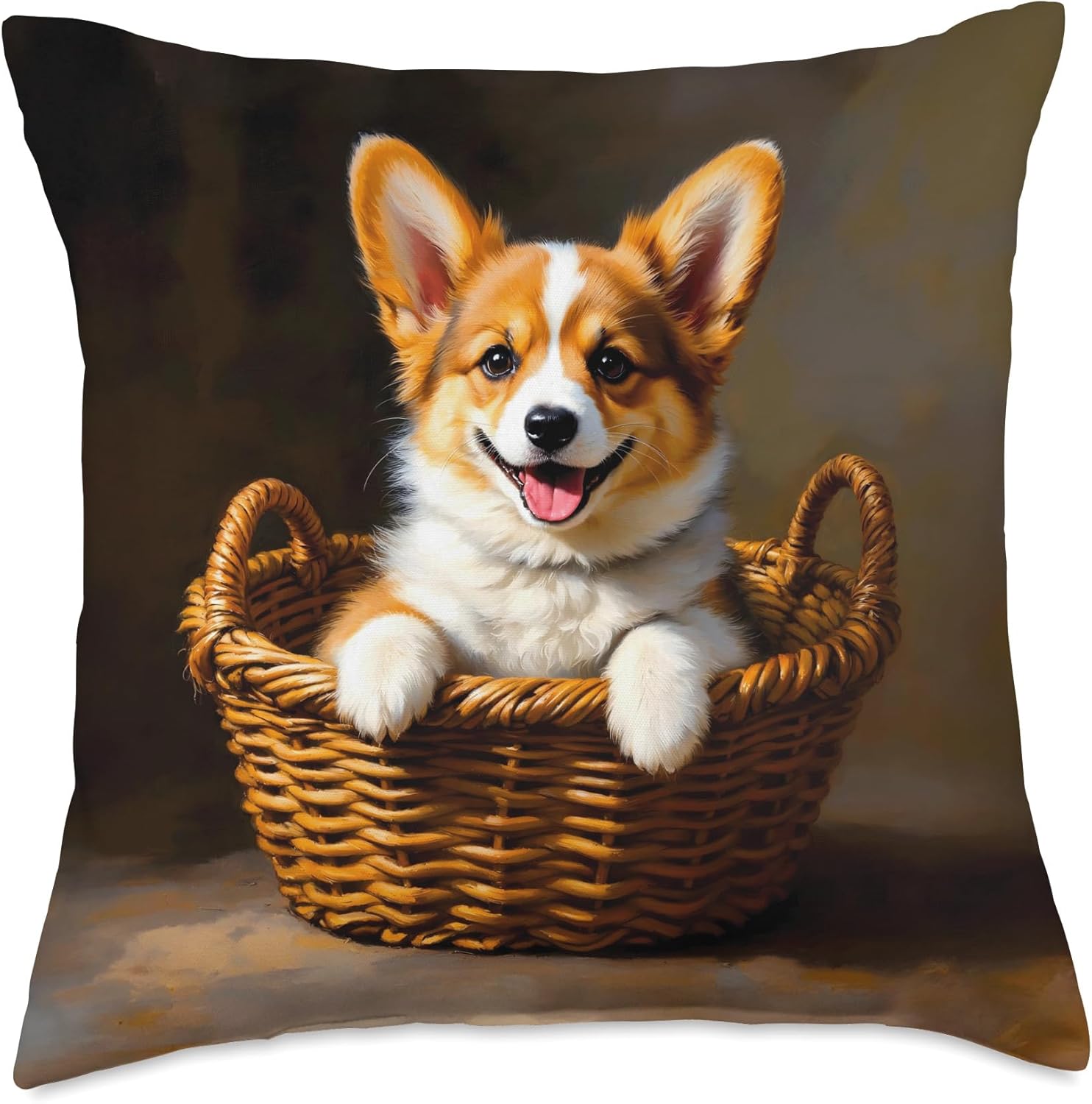 Corgi Puppy In Woven Basket Throw Pillow