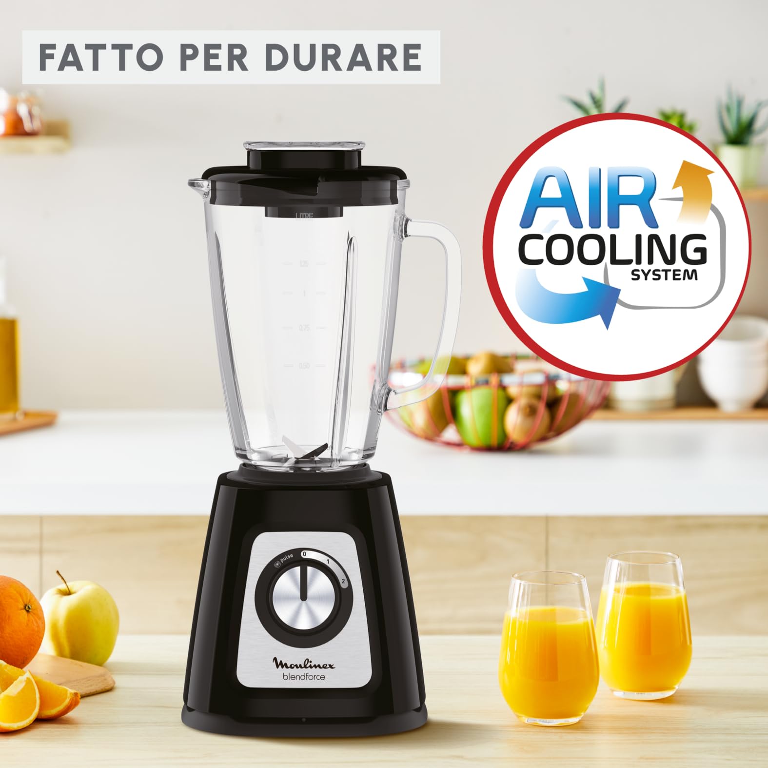 Moulinex Blendforce Frullatore, Sistema di Raffreddamento ad Aria, Potenza 800W, Tecnologia Smart Lock, Capacità 1.75Litri, Frullatore con Vaso in Vetro, 2 Velocità e Funzione a Impulsi, LM4308