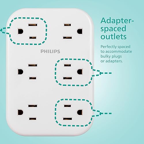 Miniatura 3 de Extensor de toma de corriente Philips EZFit 6 tomas con protector contra sobretensiones, toma de pared, tomas espaciadas con conexión a tierra, 900