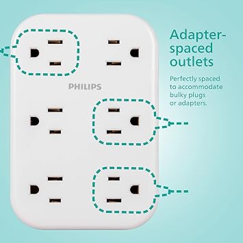 Philips Surge Protector Outlet Extender, 6 Outlet (Wide-Spaced), 900 Joules