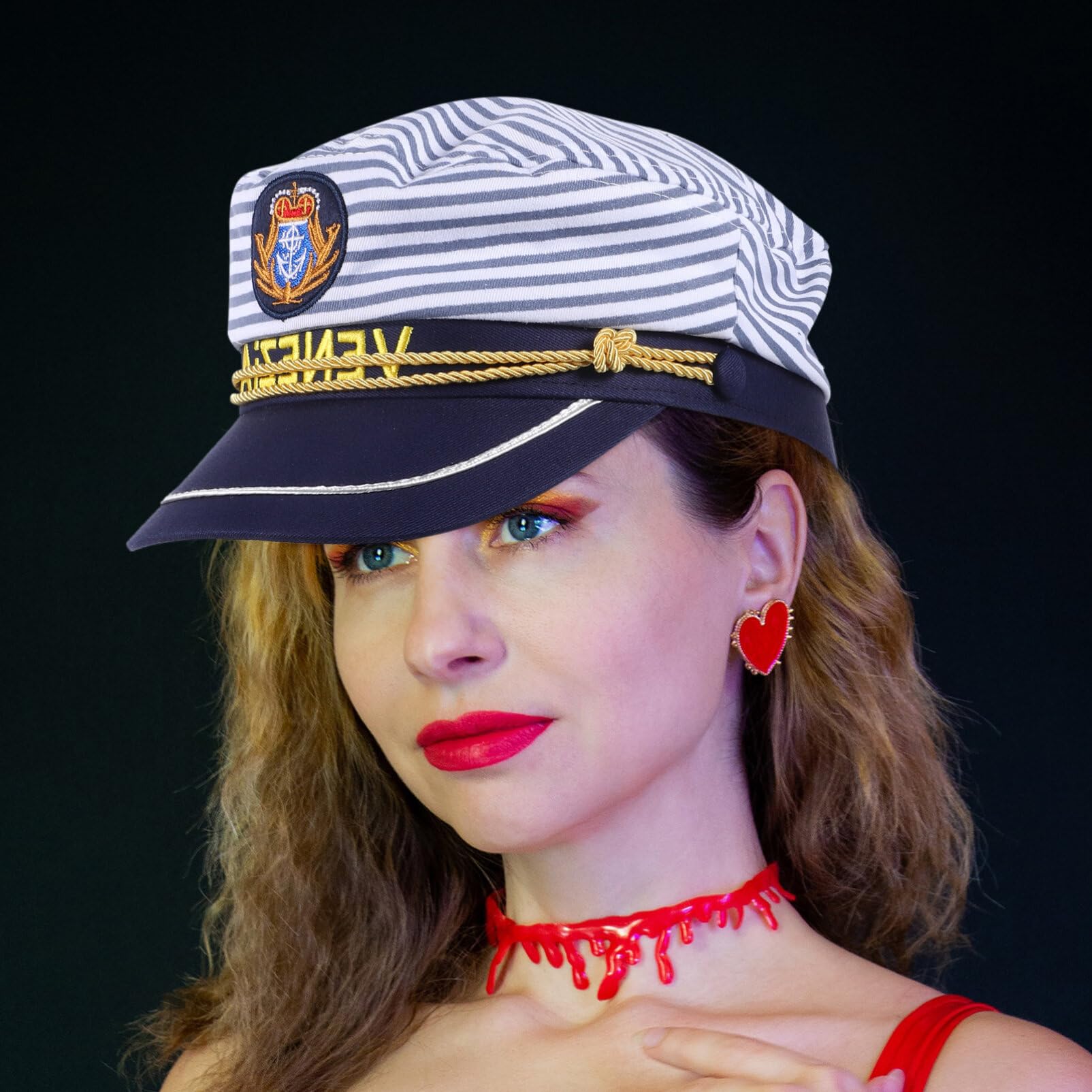 Cappello da Capitano a Righe Blu per Ragazzo Ragazza 2 Pezzi Regolabile | Taglie Adulto 58cm e Ragazzo Ragazza 54cm, per Scena e Festa, Stile Berretto Dettagli a Strisce