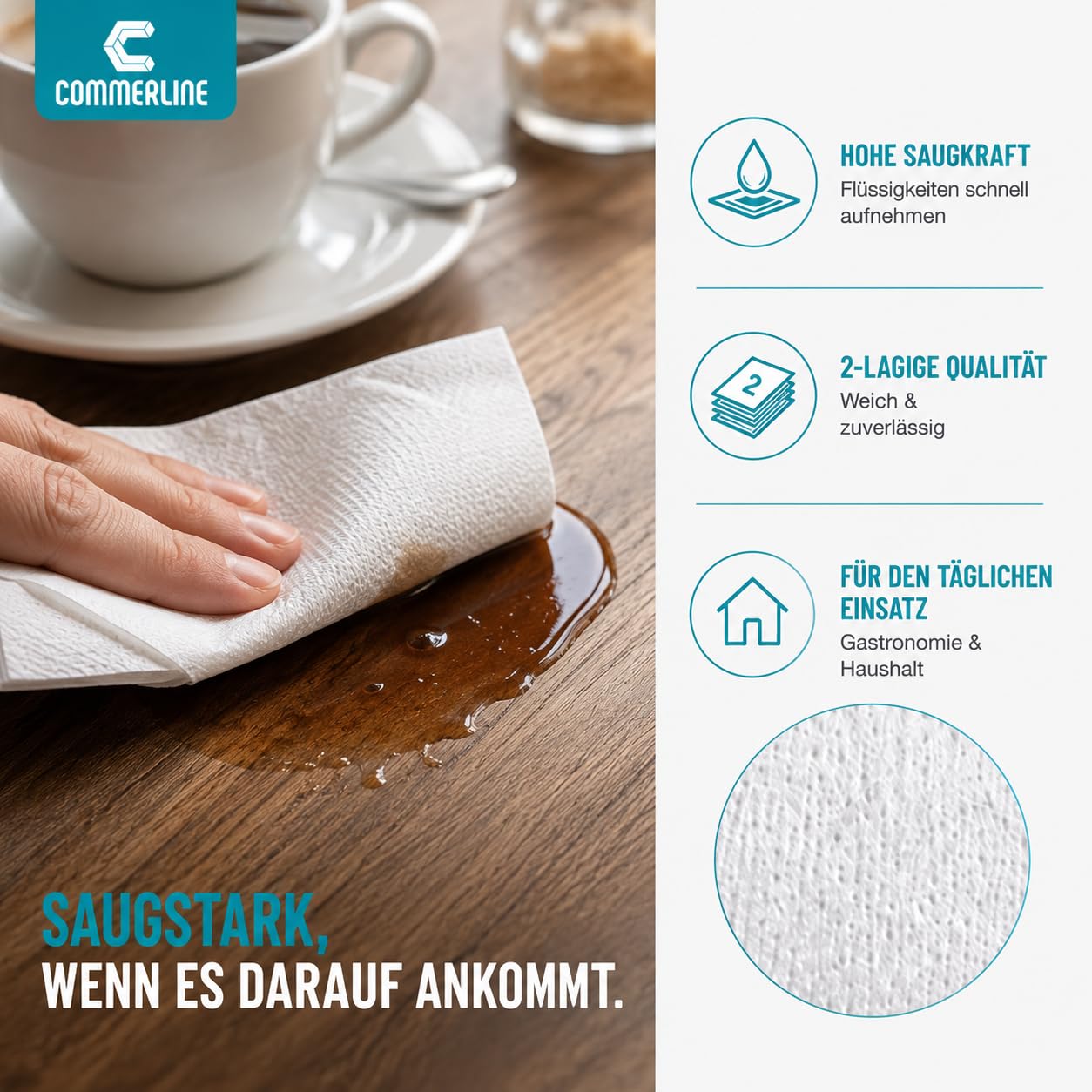 Commerline Servilletas de Papel | 4000 Unidades | 21x16 cm, 2 Capas | Suaves y Absorbentes | Servilletas Desechables con Pliegue en V | Ideal para Dispensadores | Blanco Puro