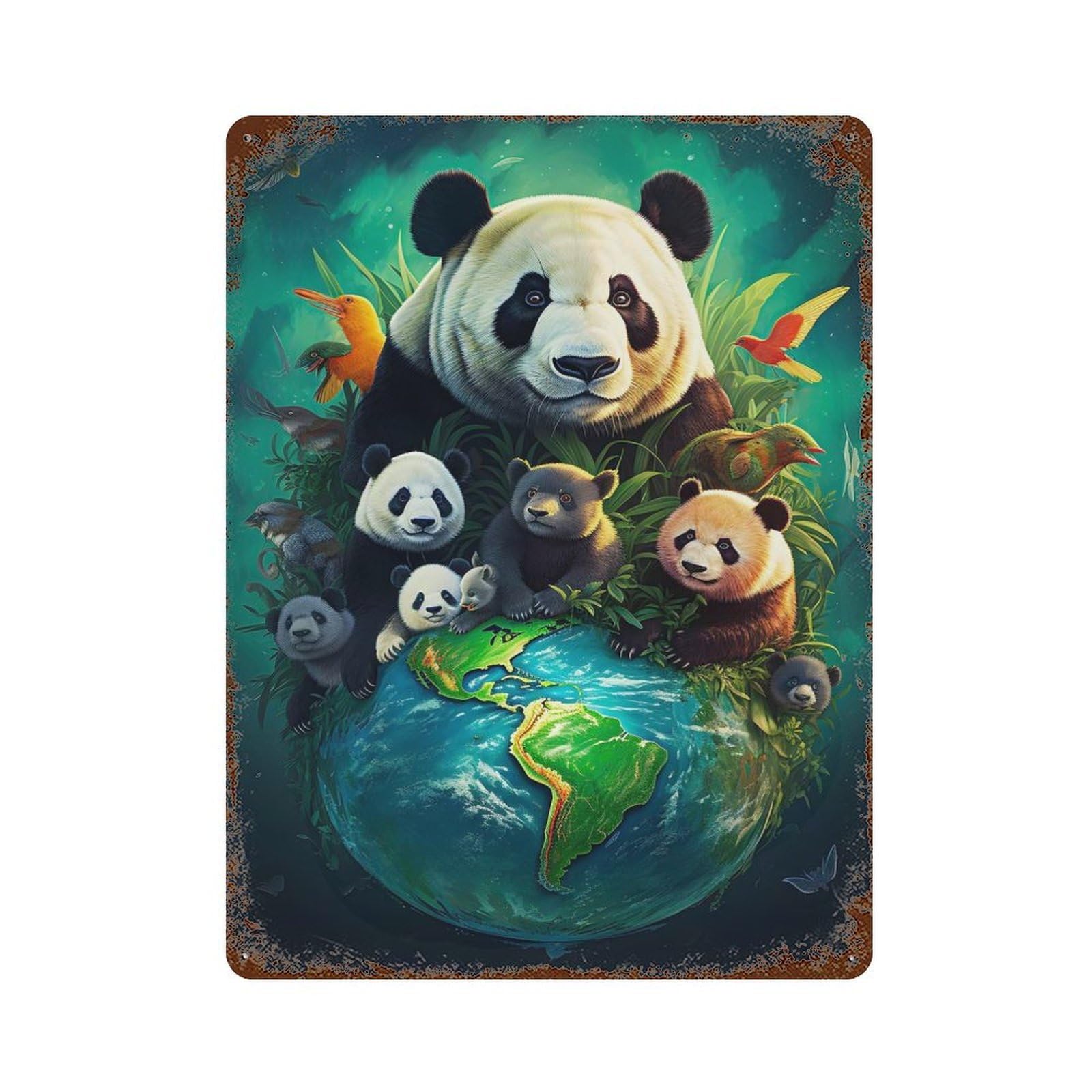 Earth Day Panda 15.7"x11.8" Distressed Metal Wall Sign, Shabby Chic Decor for Office, Studio And Wall Decor